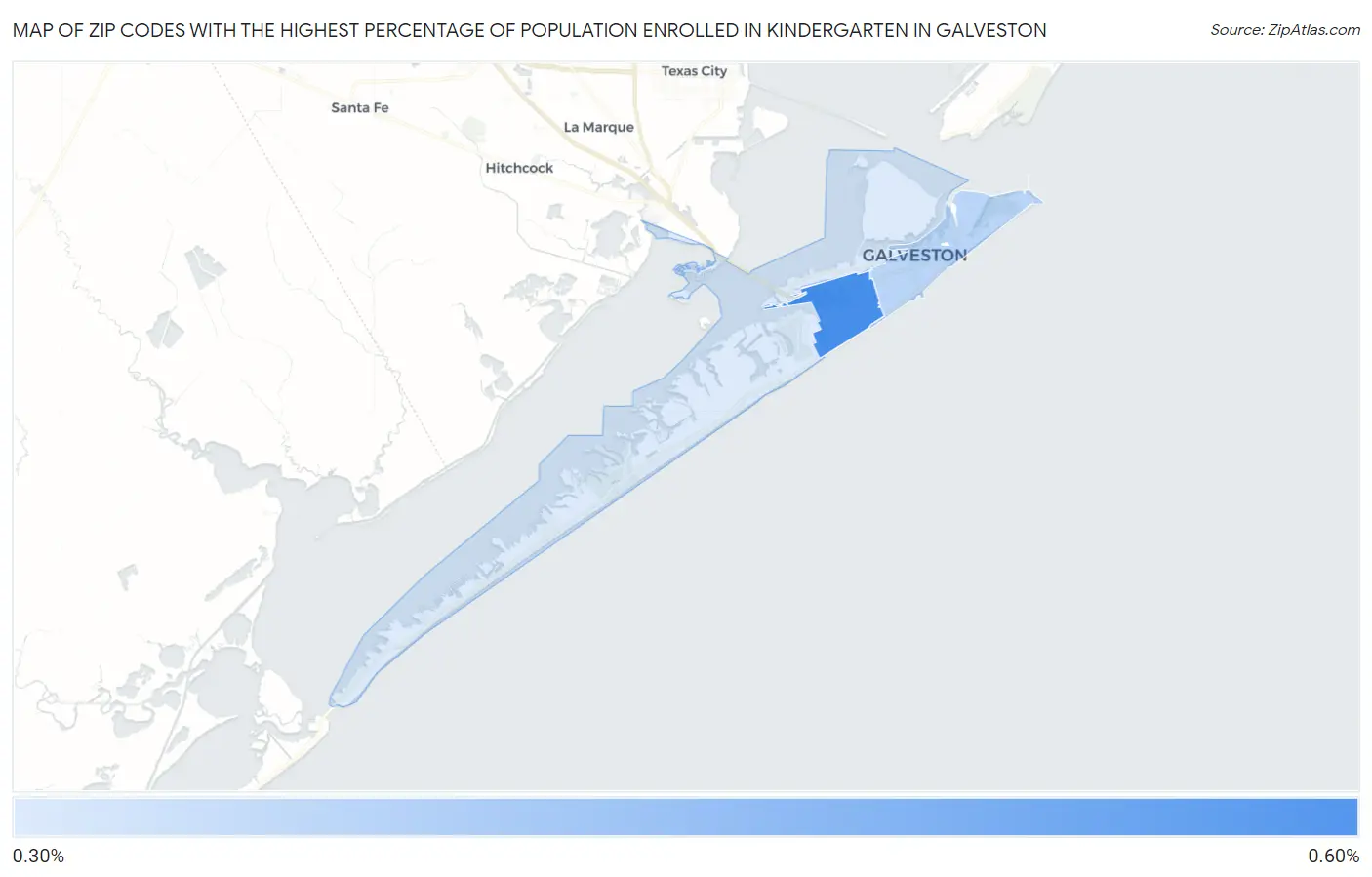 Zip Codes with the Highest Percentage of Population Enrolled in Kindergarten in Galveston Map
