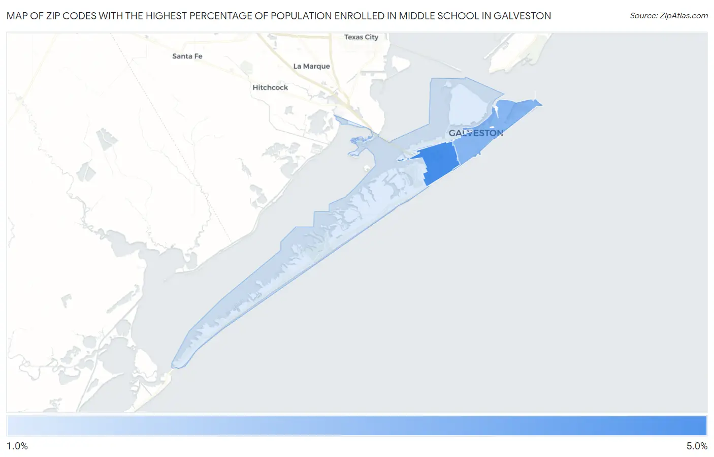 Zip Codes with the Highest Percentage of Population Enrolled in Middle School in Galveston Map