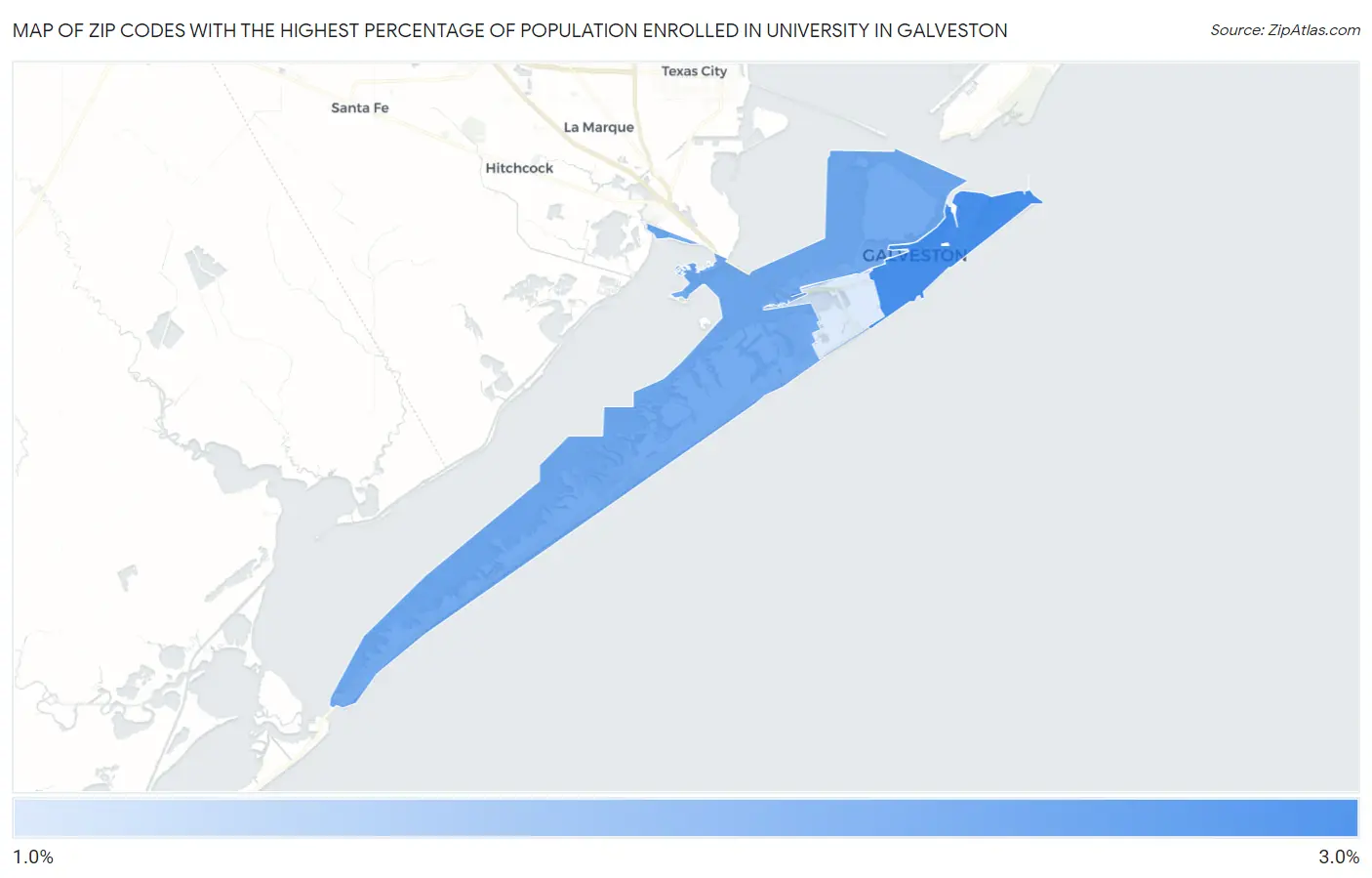 Zip Codes with the Highest Percentage of Population Enrolled in University in Galveston Map