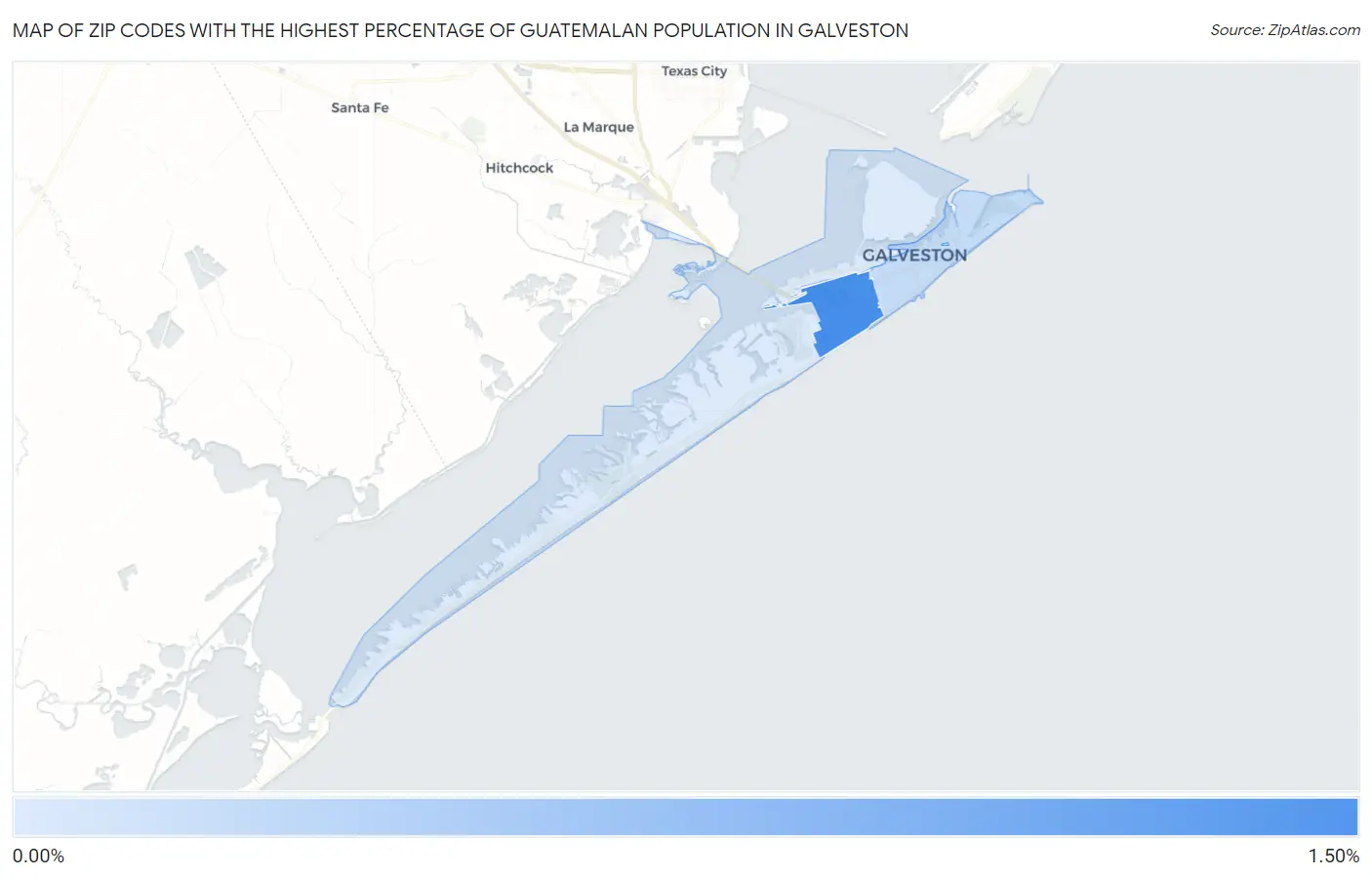 Zip Codes with the Highest Percentage of Guatemalan Population in Galveston Map