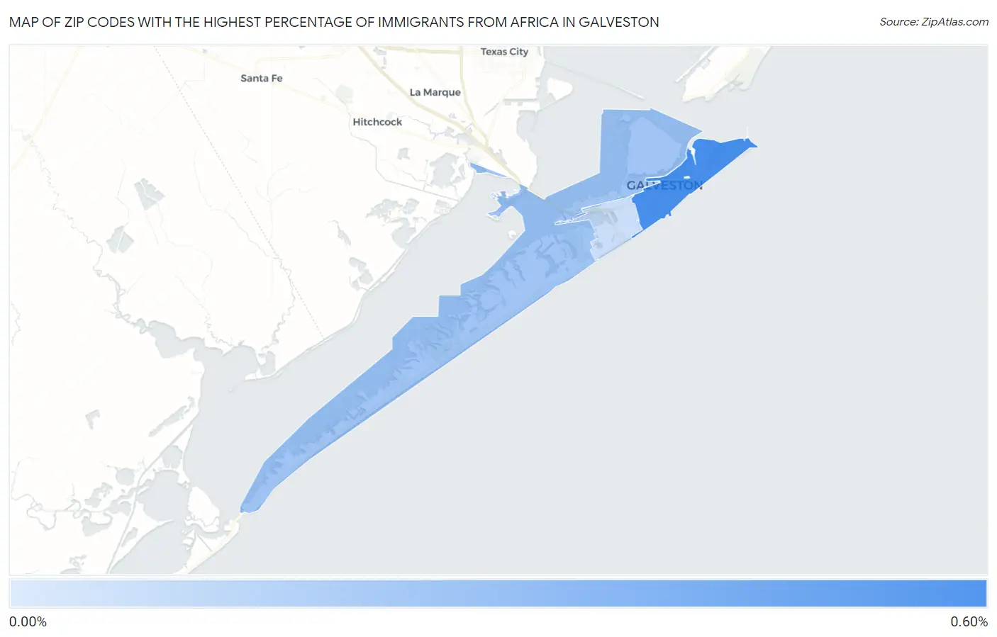Zip Codes with the Highest Percentage of Immigrants from Africa in Galveston Map