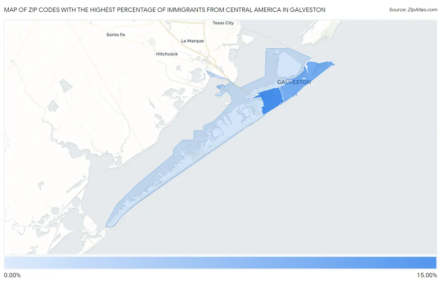 Zip Codes with the Highest Percentage of Immigrants from Central America in Galveston Map
