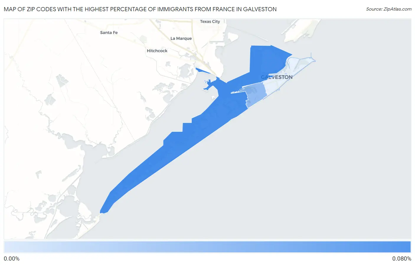Zip Codes with the Highest Percentage of Immigrants from France in Galveston Map