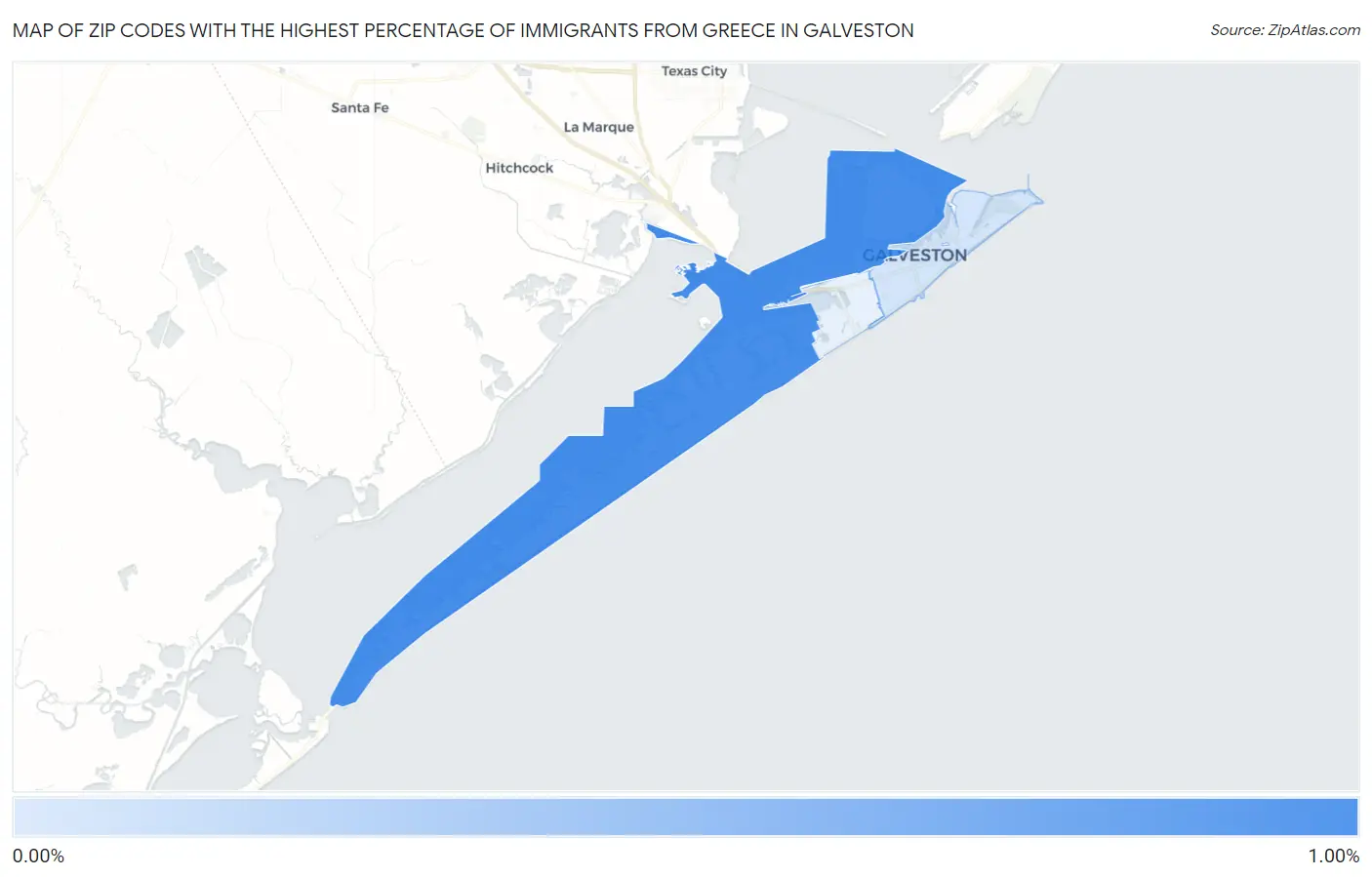 Zip Codes with the Highest Percentage of Immigrants from Greece in Galveston Map