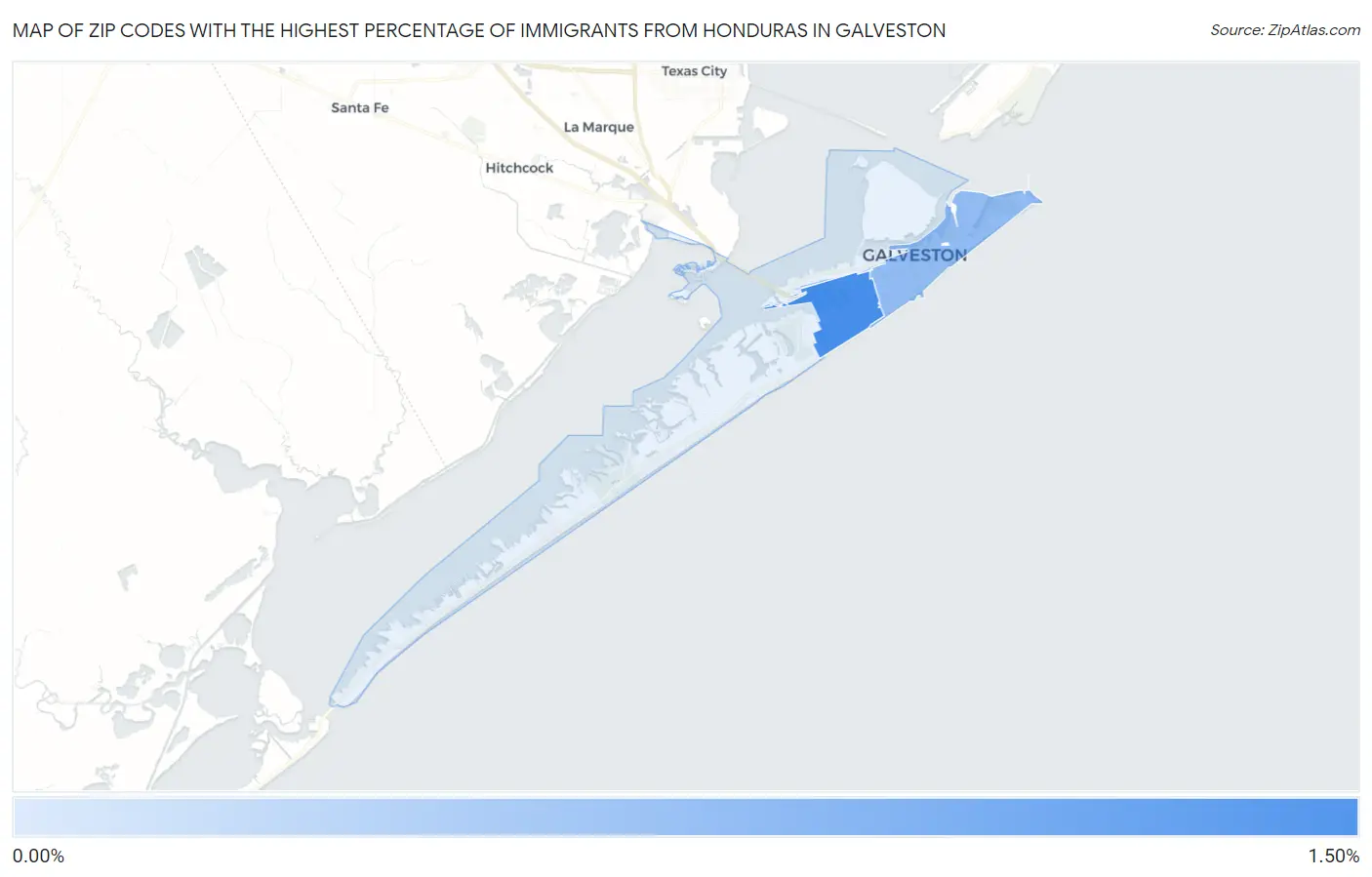 Zip Codes with the Highest Percentage of Immigrants from Honduras in Galveston Map