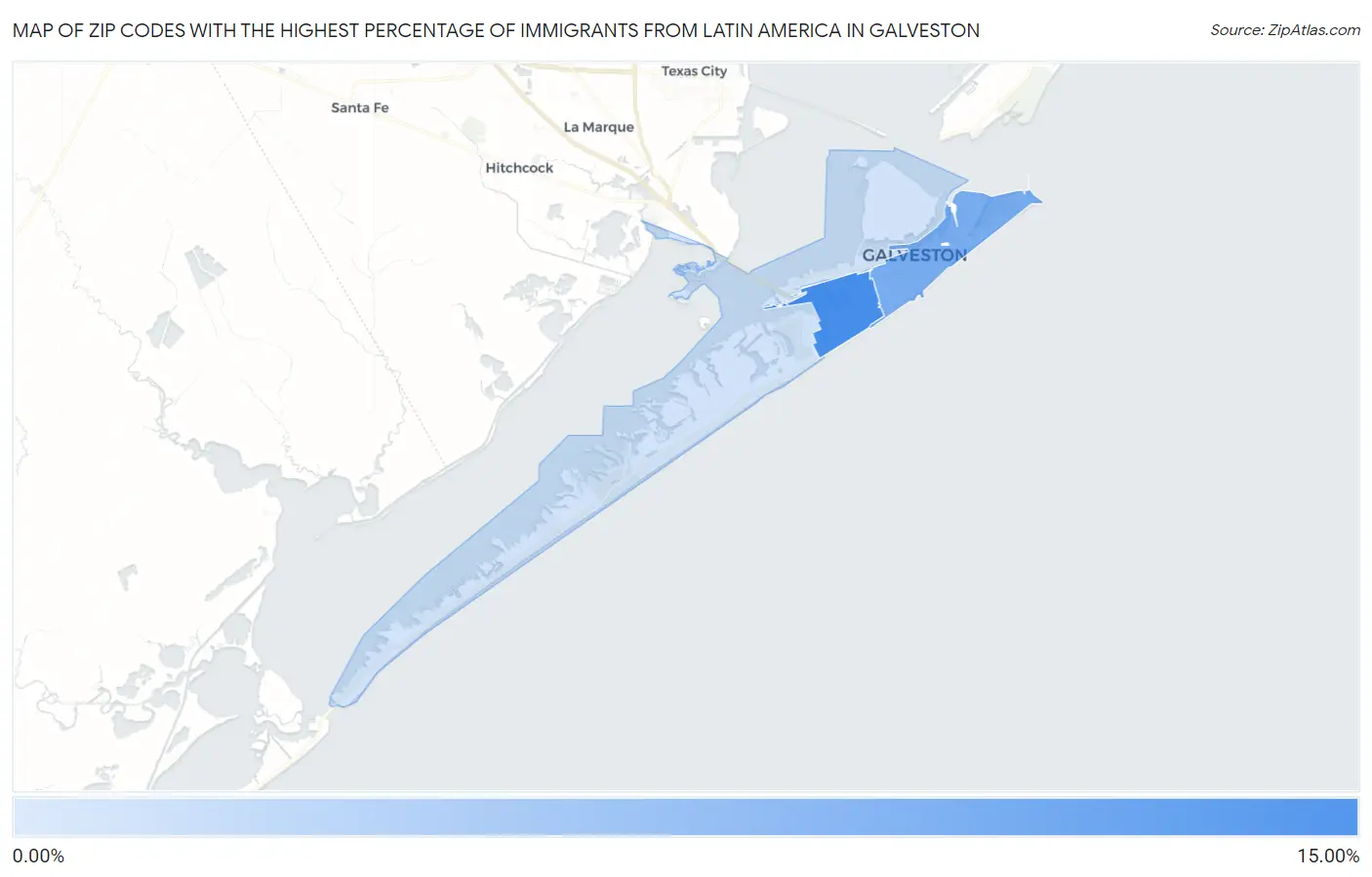 Zip Codes with the Highest Percentage of Immigrants from Latin America in Galveston Map