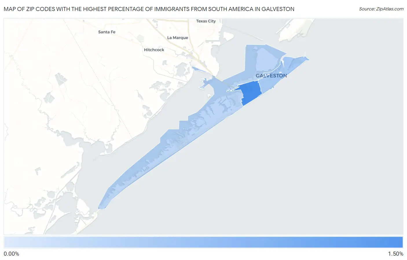 Zip Codes with the Highest Percentage of Immigrants from South America in Galveston Map