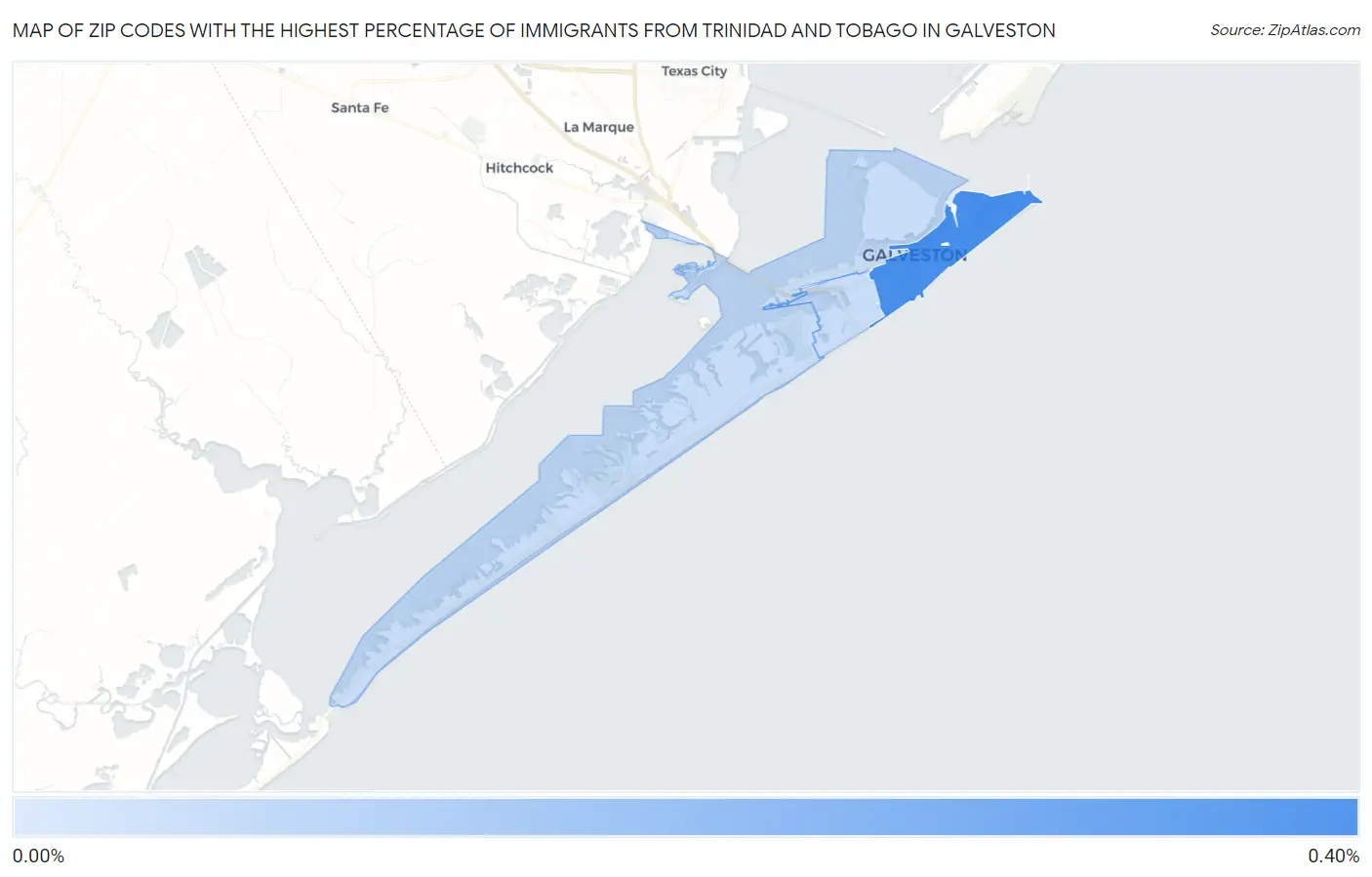 Zip Codes with the Highest Percentage of Immigrants from Trinidad and Tobago in Galveston Map
