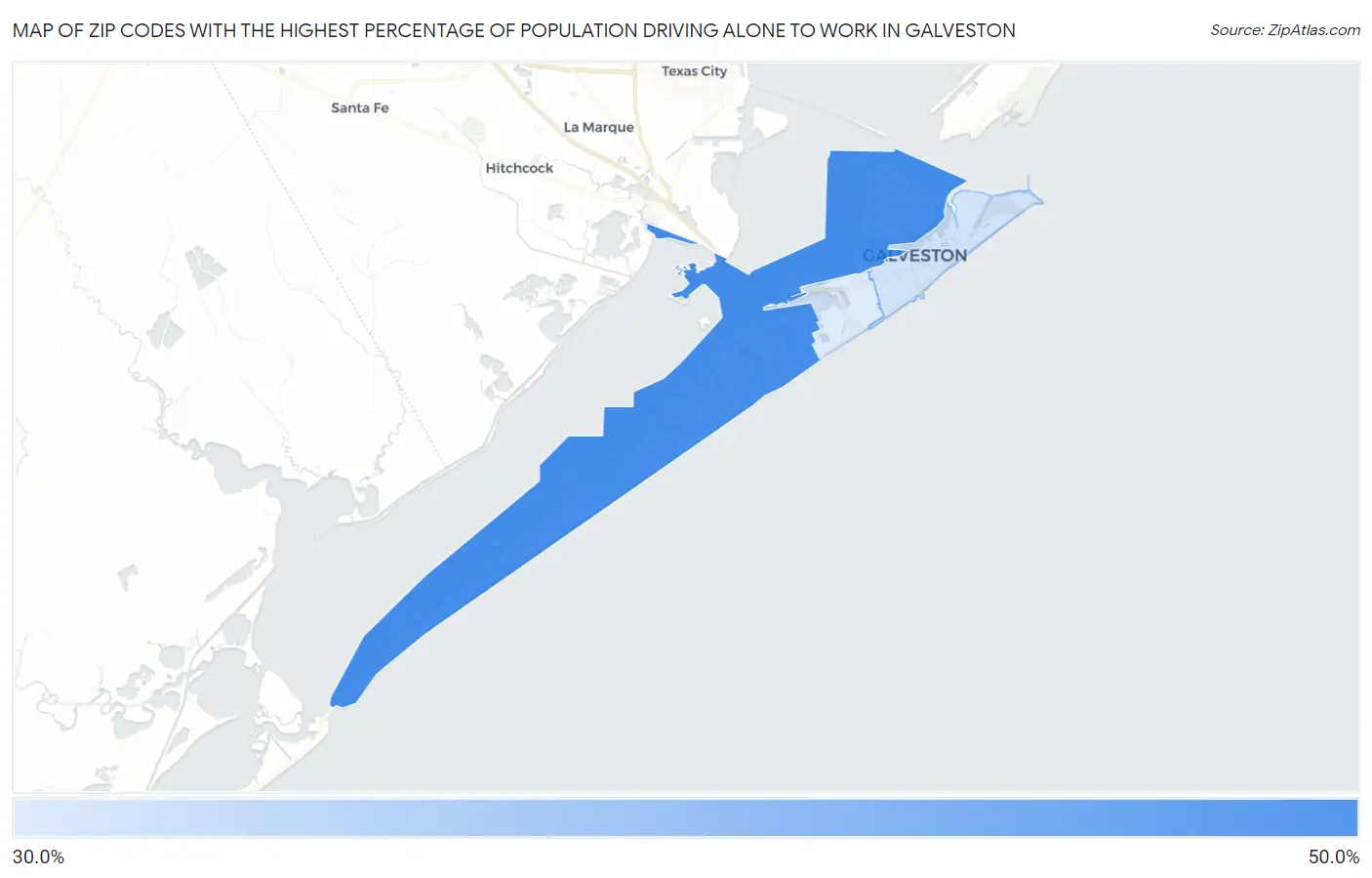 Zip Codes with the Highest Percentage of Population Driving Alone to Work in Galveston Map