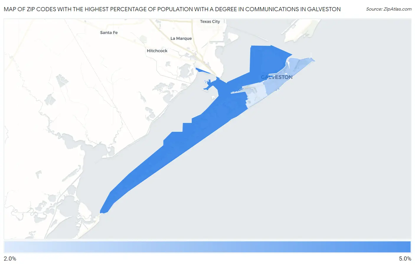Zip Codes with the Highest Percentage of Population with a Degree in Communications in Galveston Map