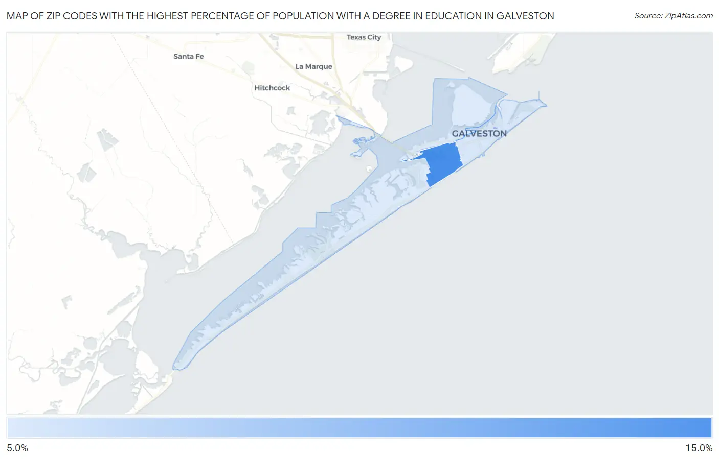 Zip Codes with the Highest Percentage of Population with a Degree in Education in Galveston Map