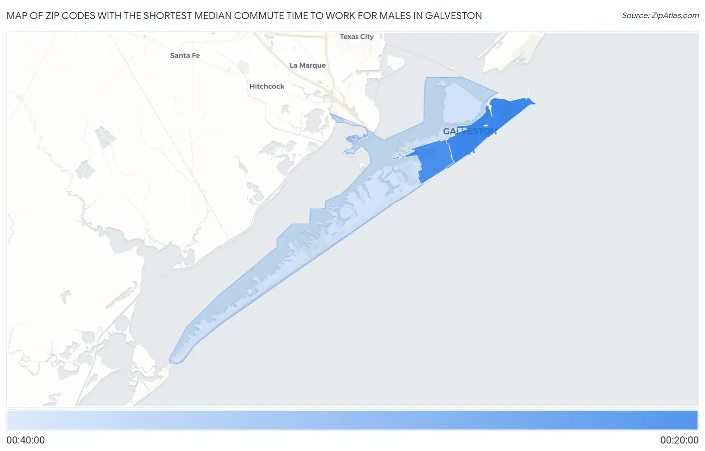 Zip Codes with the Shortest Median Commute Time to Work for Males in Galveston Map