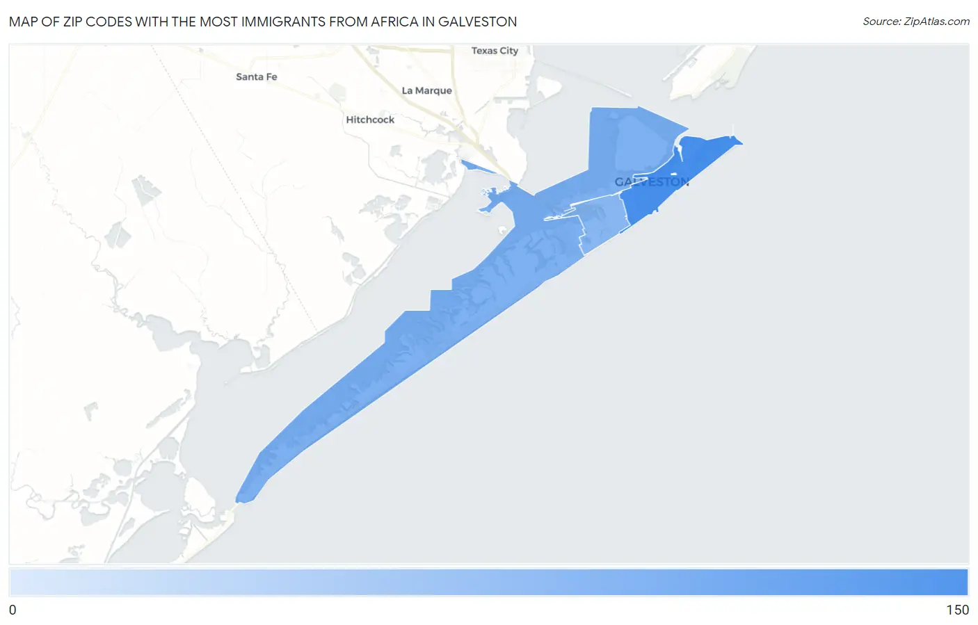 Zip Codes with the Most Immigrants from Africa in Galveston Map