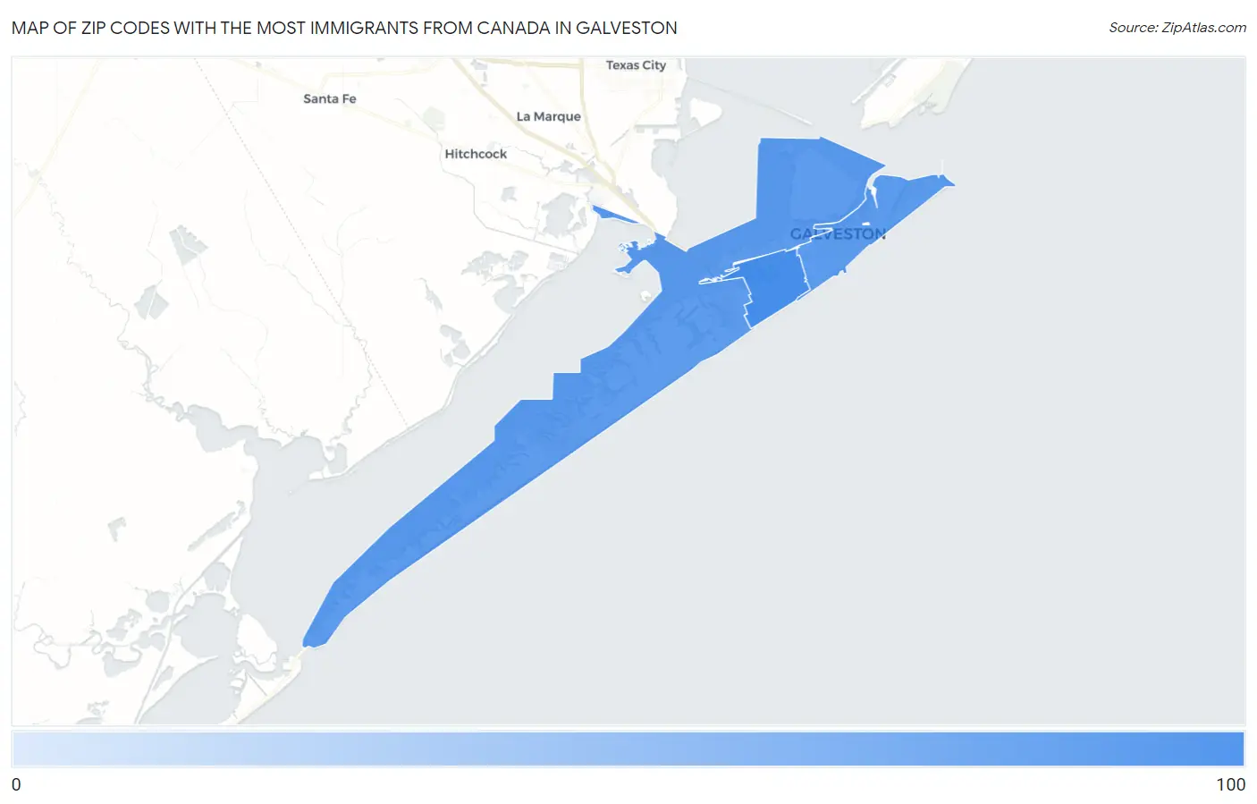 Zip Codes with the Most Immigrants from Canada in Galveston Map