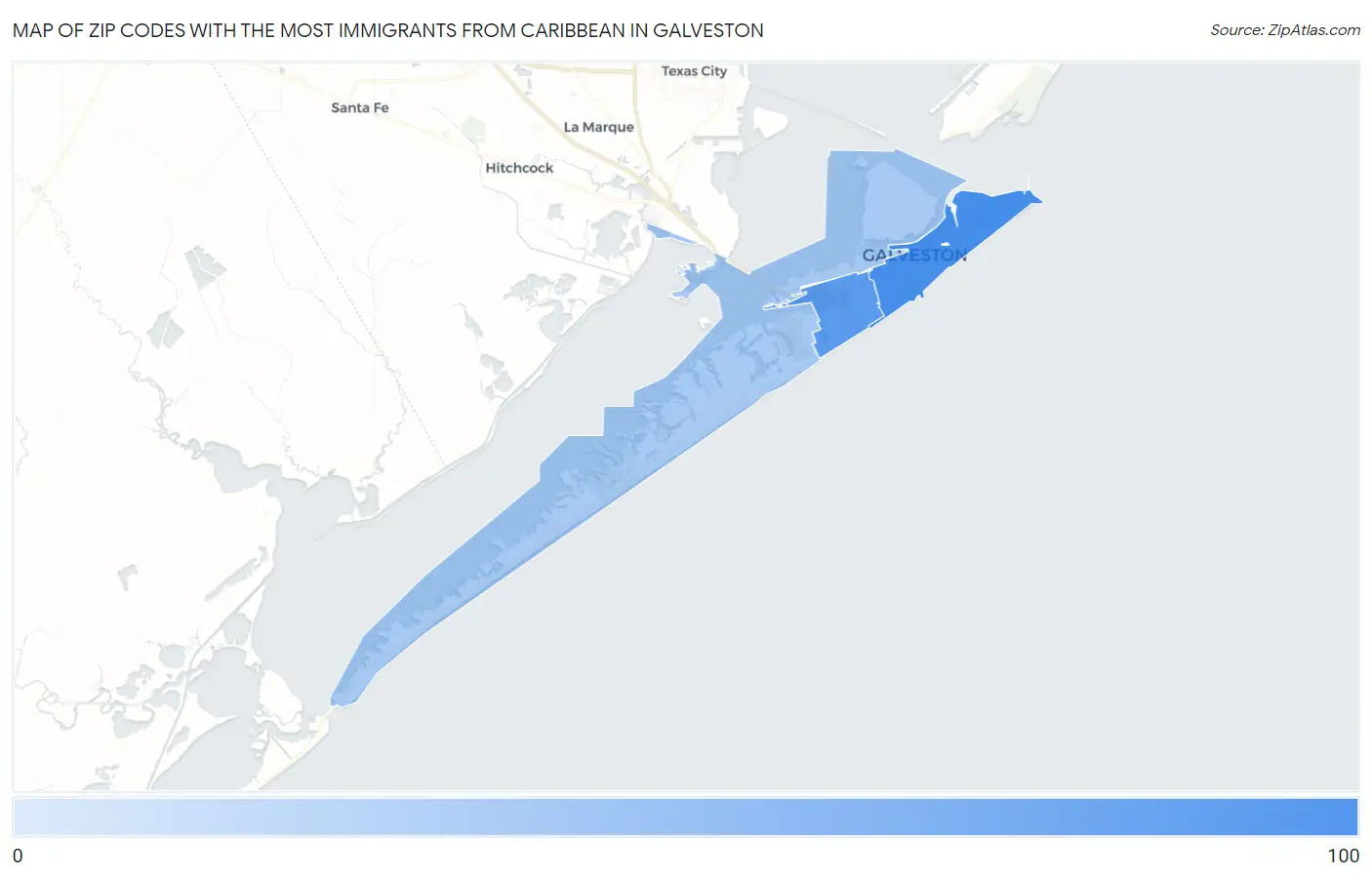 Zip Codes with the Most Immigrants from Caribbean in Galveston Map