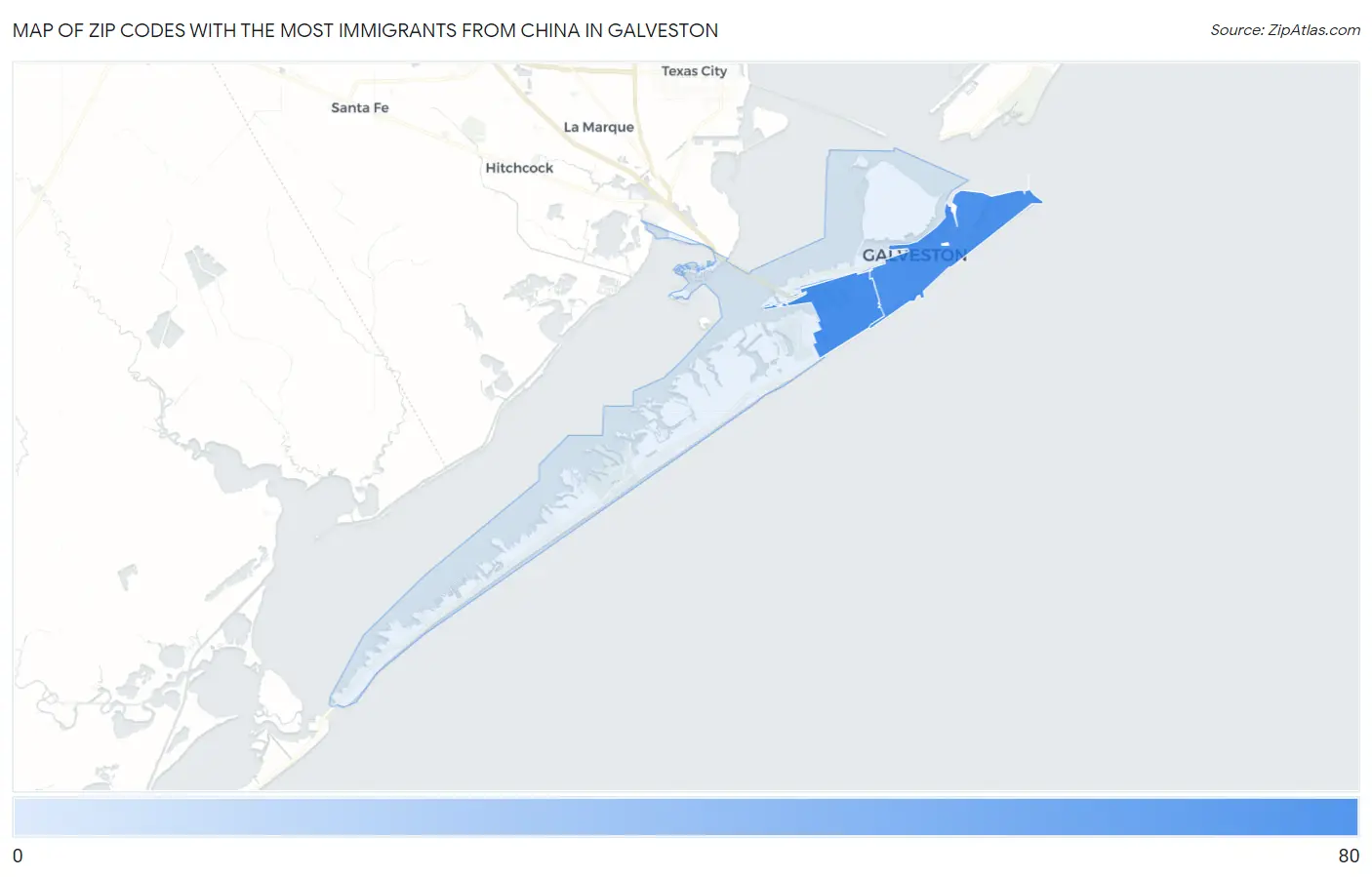 Zip Codes with the Most Immigrants from China in Galveston Map