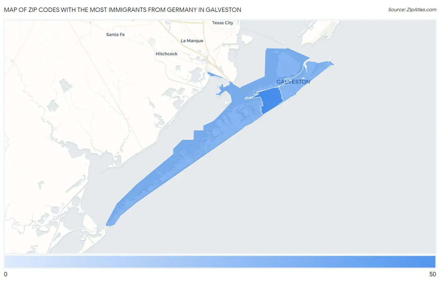 Zip Codes with the Most Immigrants from Germany in Galveston Map