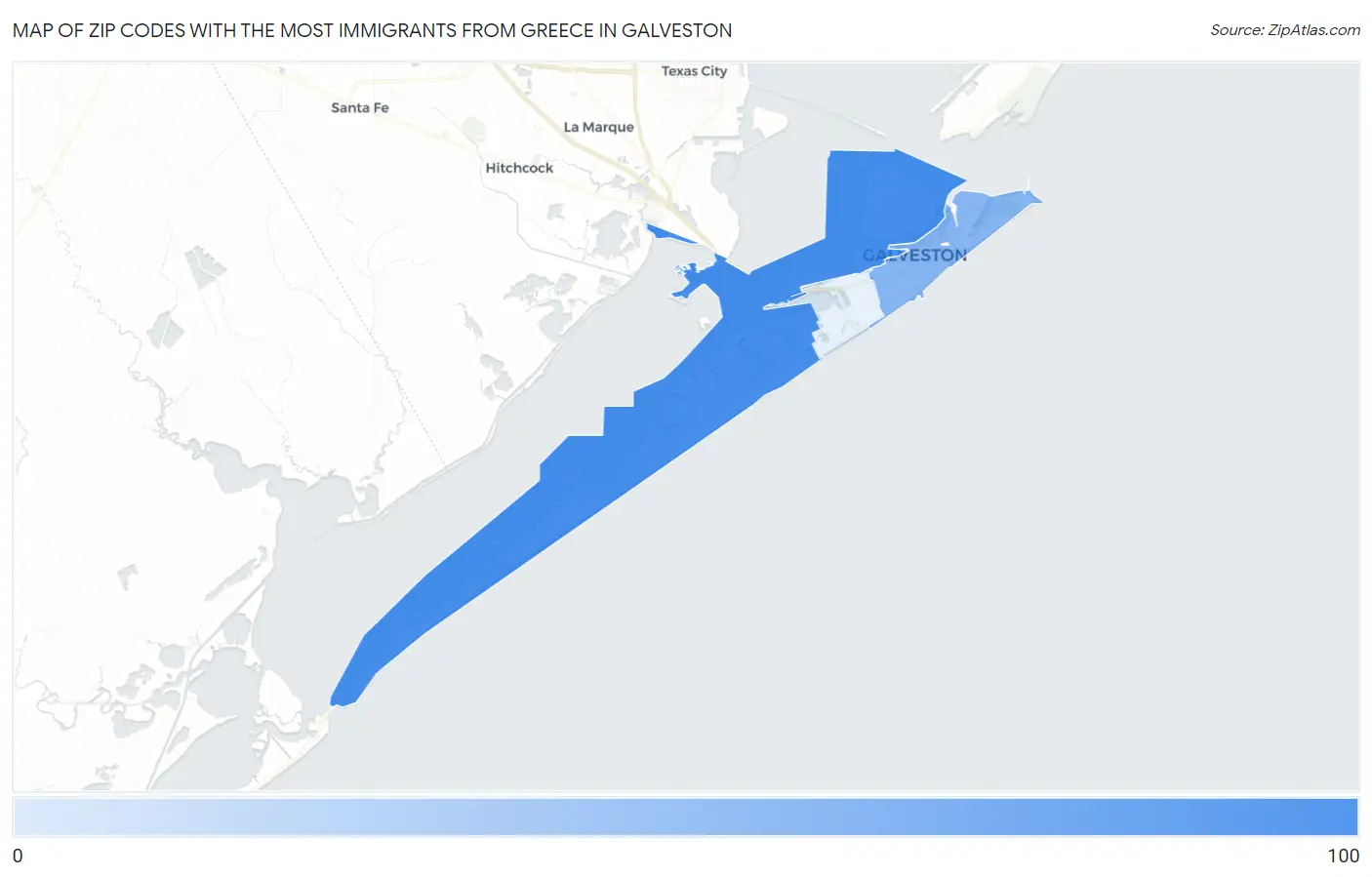 Zip Codes with the Most Immigrants from Greece in Galveston Map