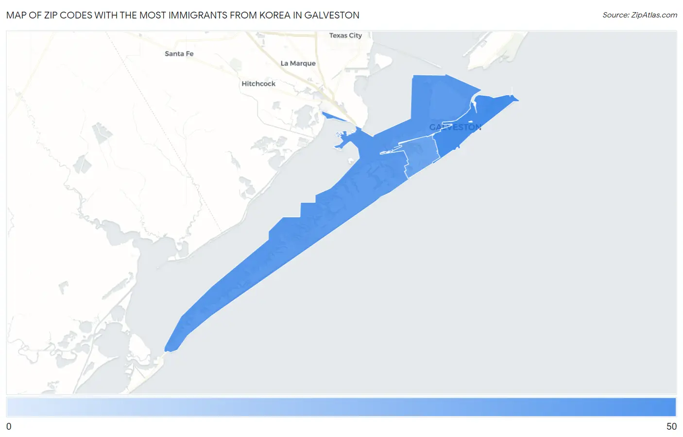 Zip Codes with the Most Immigrants from Korea in Galveston Map