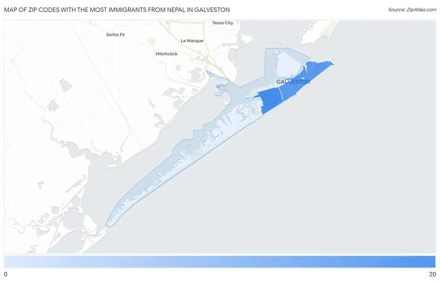 Zip Codes with the Most Immigrants from Nepal in Galveston Map