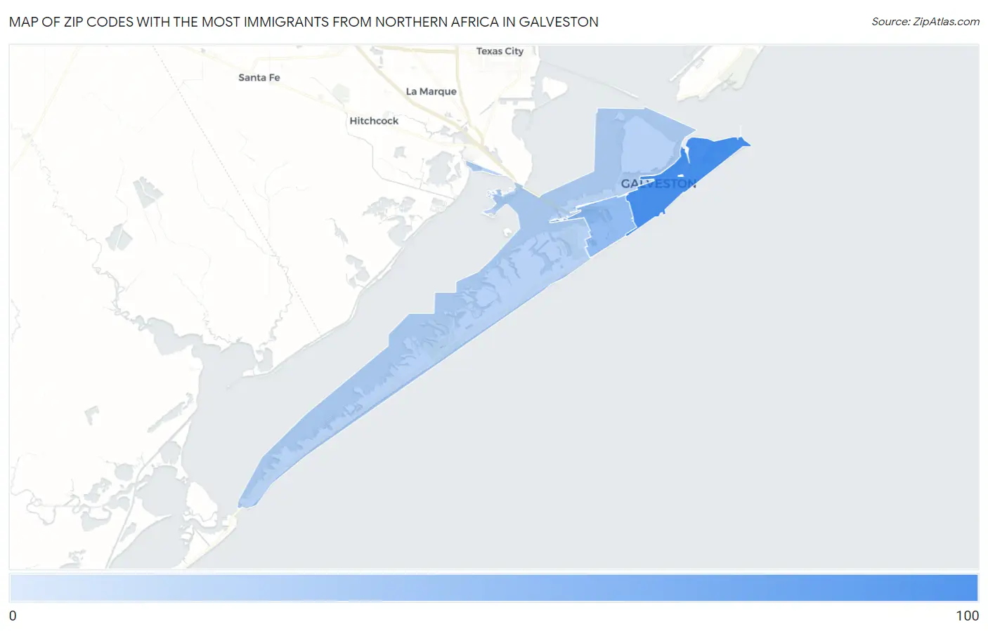 Zip Codes with the Most Immigrants from Northern Africa in Galveston Map