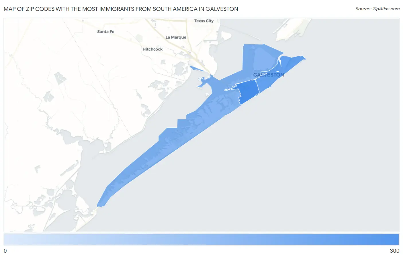 Zip Codes with the Most Immigrants from South America in Galveston Map