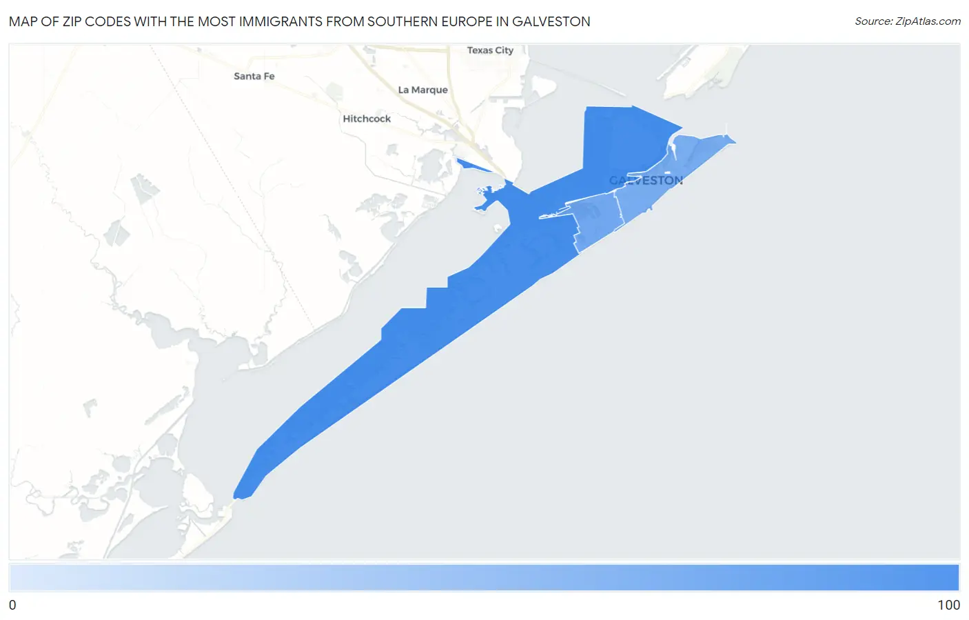 Zip Codes with the Most Immigrants from Southern Europe in Galveston Map