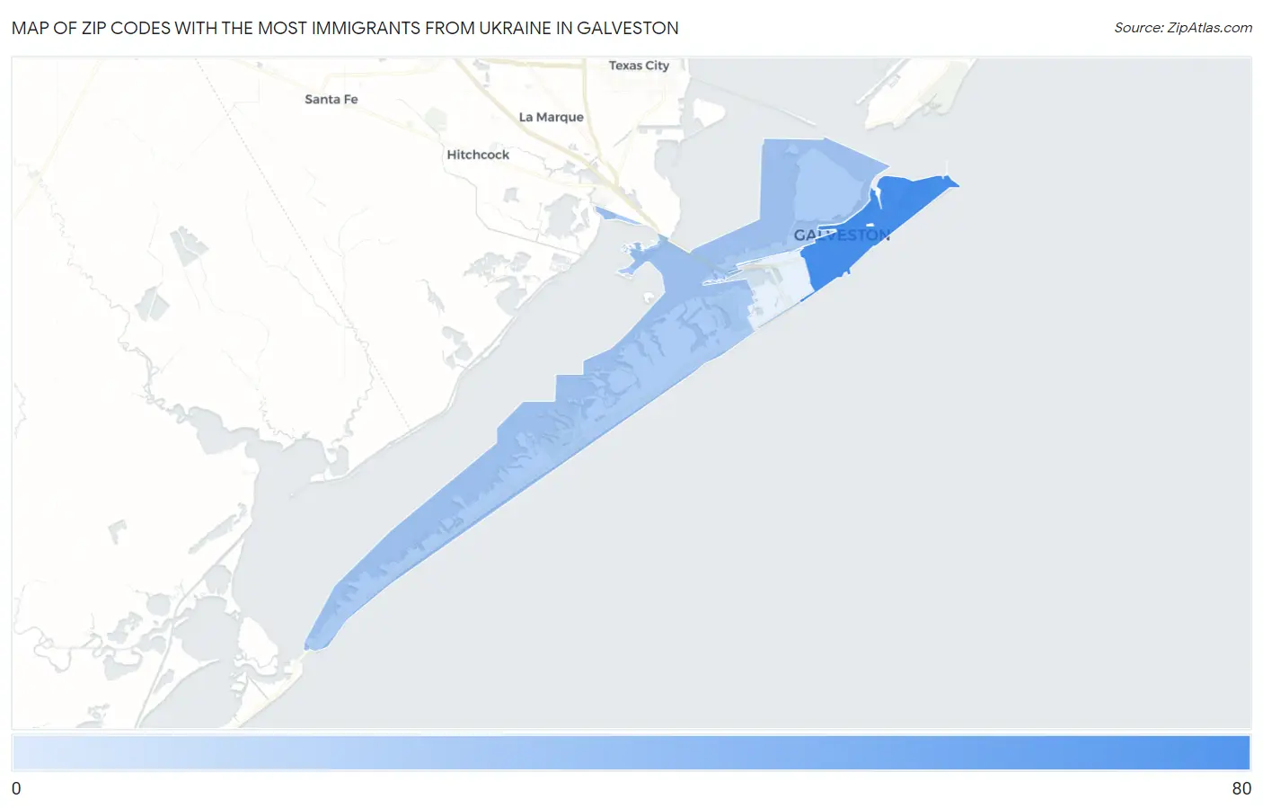 Zip Codes with the Most Immigrants from Ukraine in Galveston Map