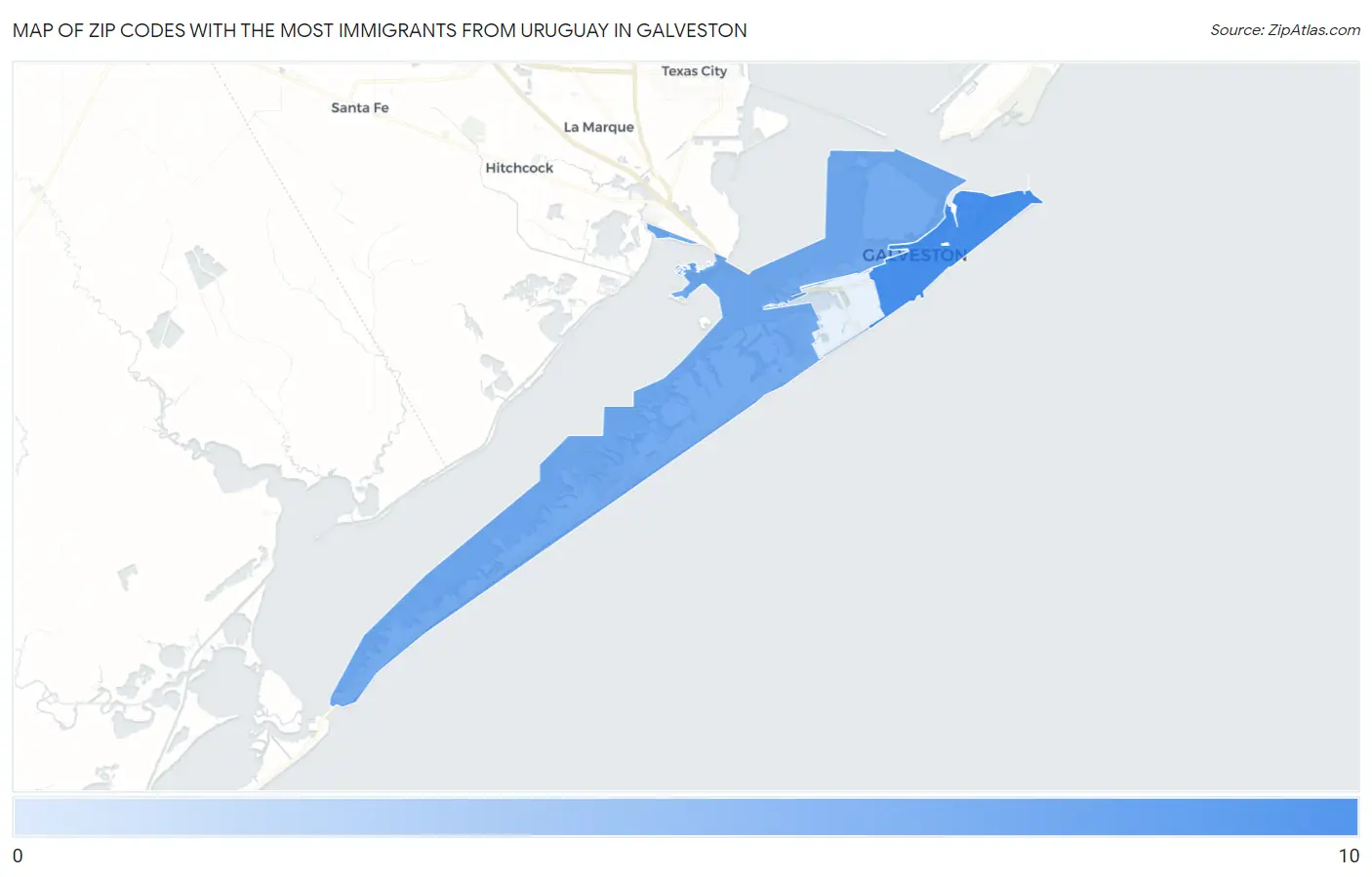 Zip Codes with the Most Immigrants from Uruguay in Galveston Map