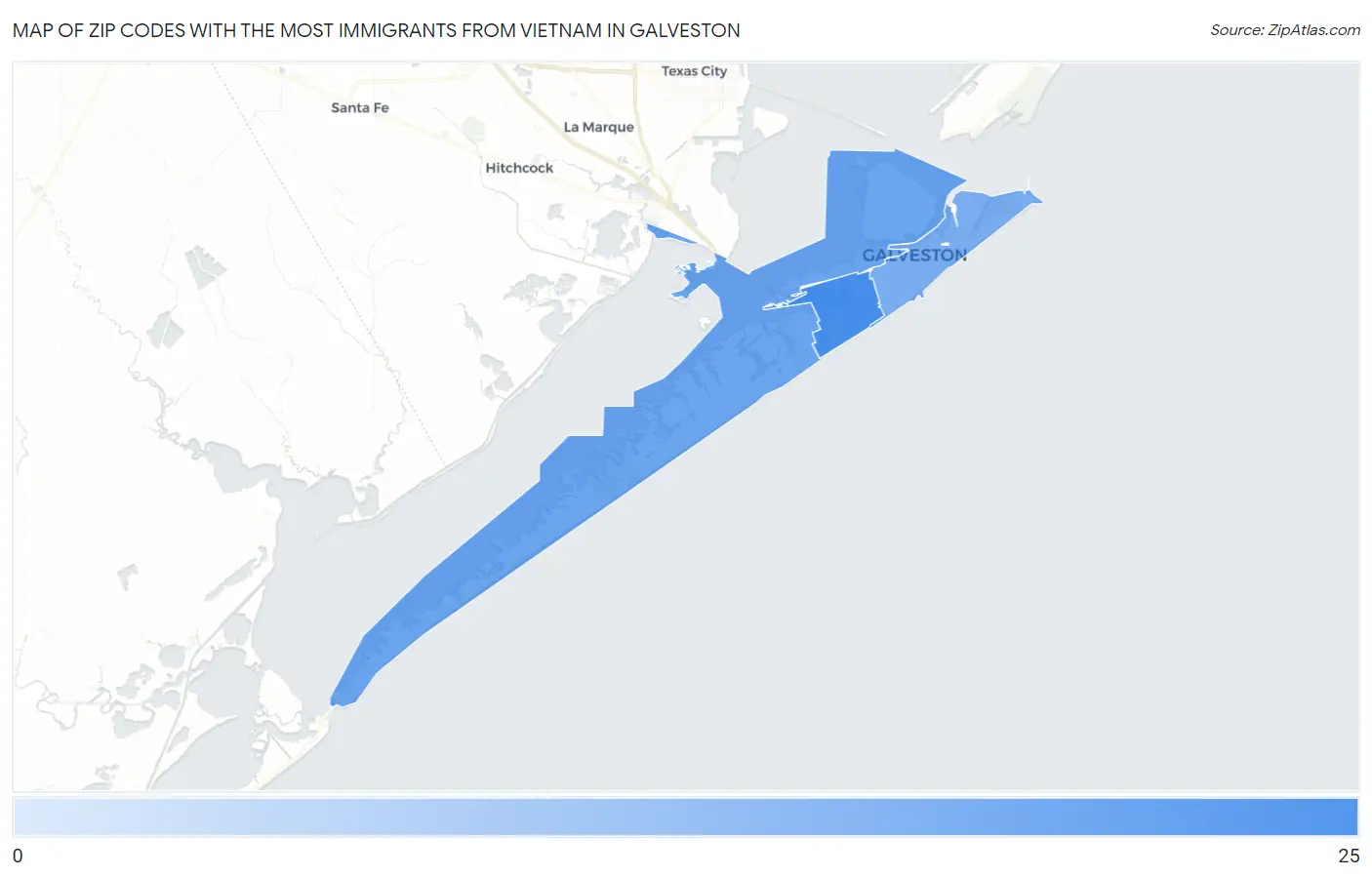 Zip Codes with the Most Immigrants from Vietnam in Galveston Map