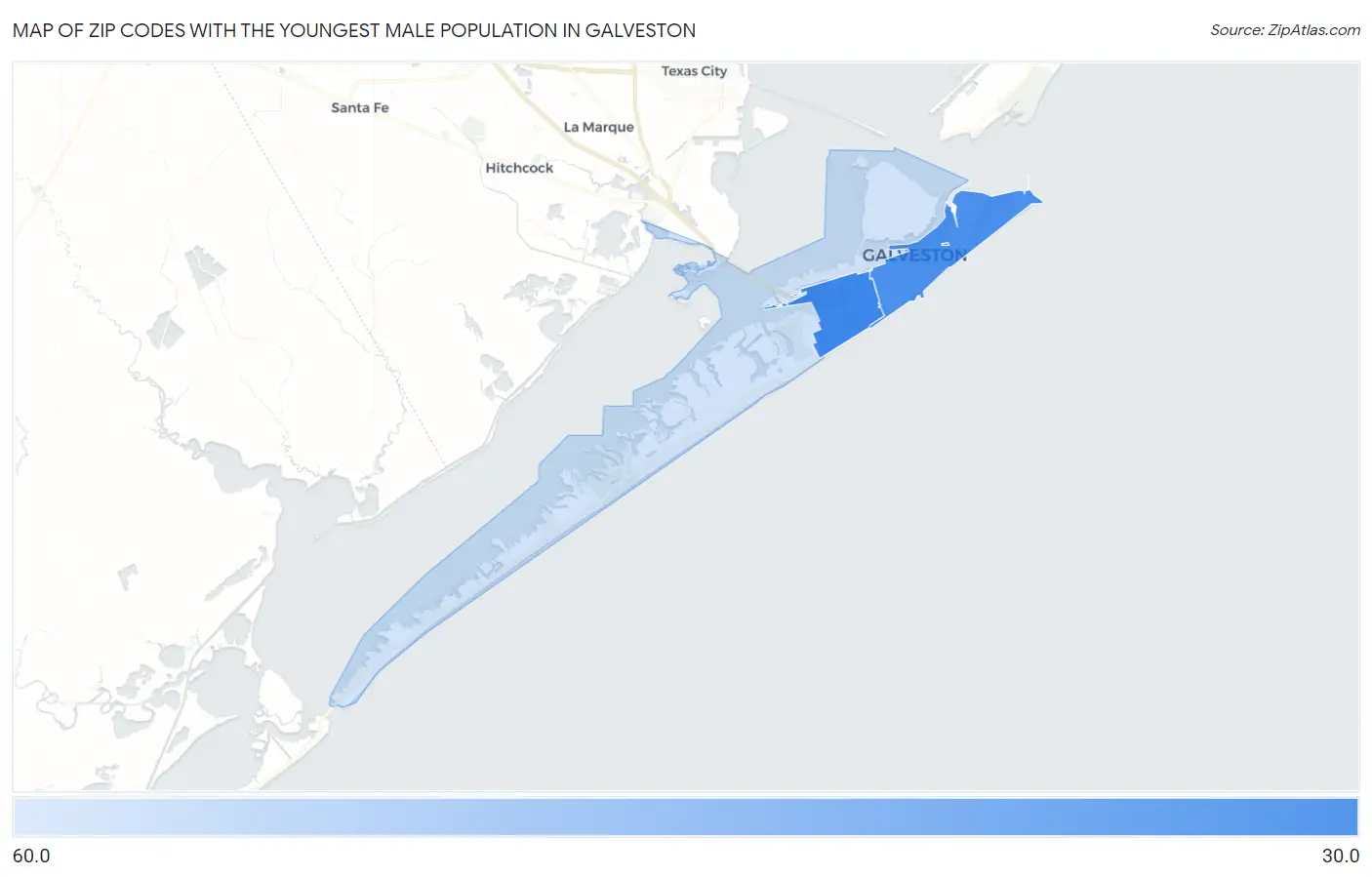 Zip Codes with the Youngest Male Population in Galveston Map