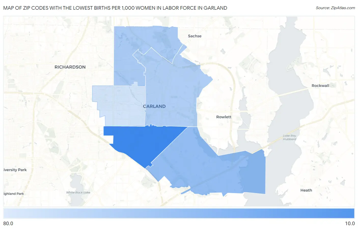 Zip Codes with the Lowest Births per 1,000 Women in Labor Force in Garland Map
