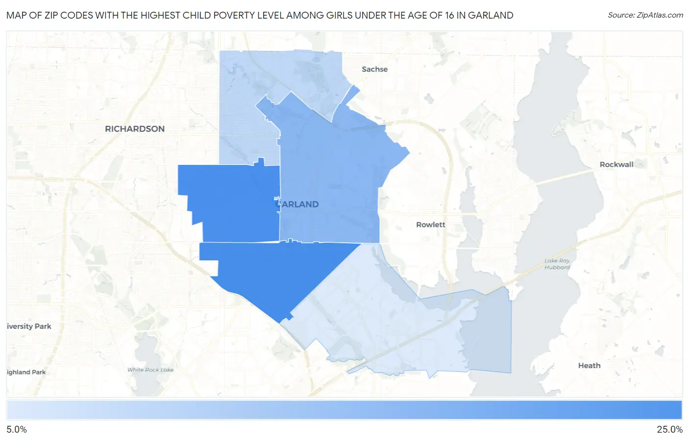 Zip Codes with the Highest Child Poverty Level Among Girls Under the Age of 16 in Garland Map