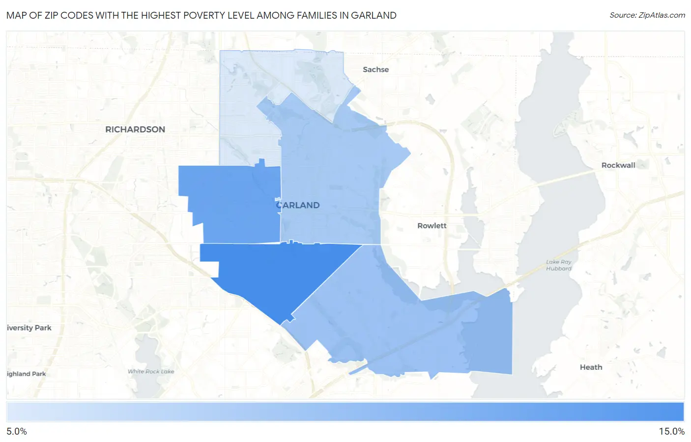 Zip Codes with the Highest Poverty Level Among Families in Garland Map