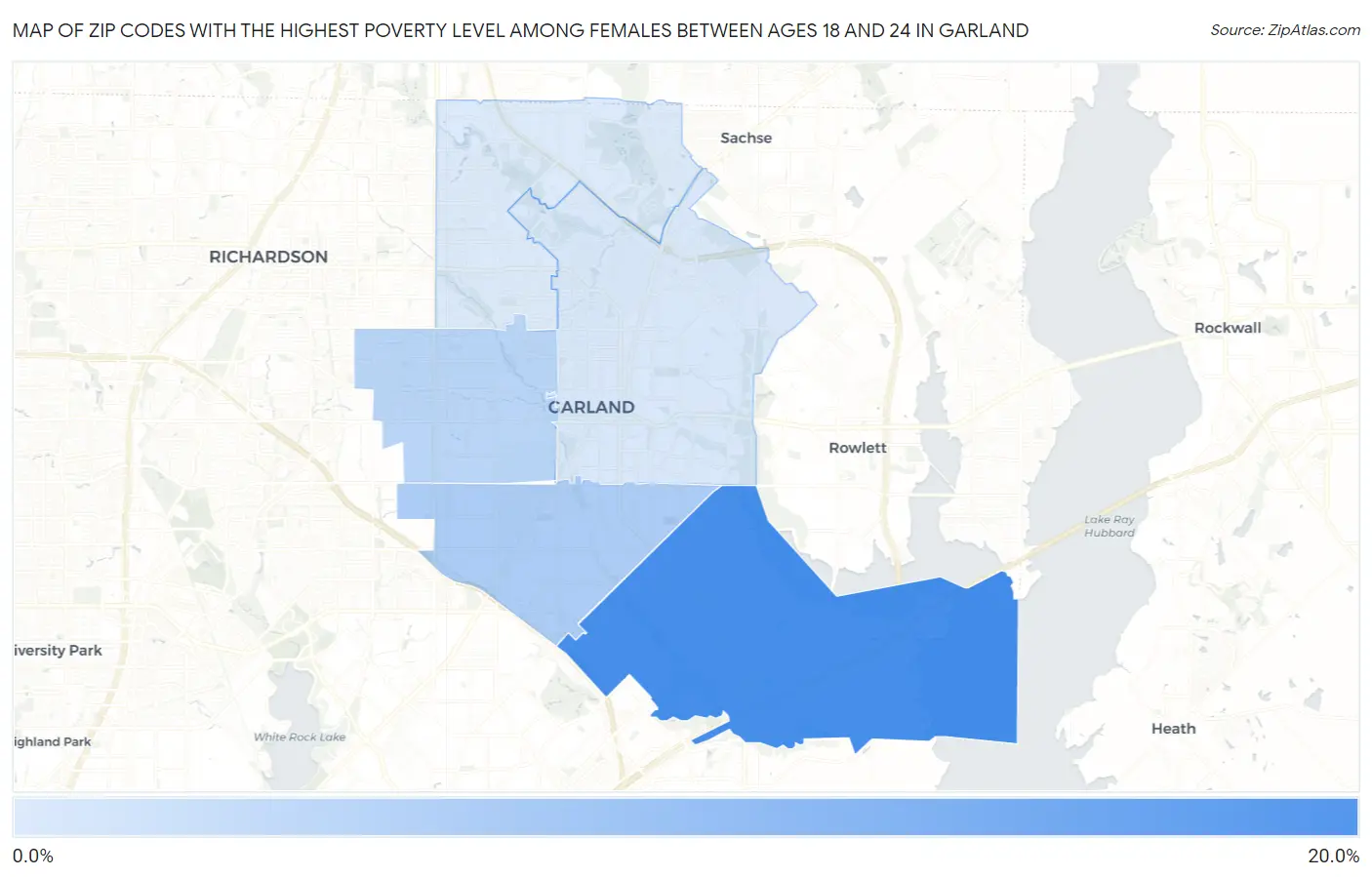 Zip Codes with the Highest Poverty Level Among Females Between Ages 18 and 24 in Garland Map