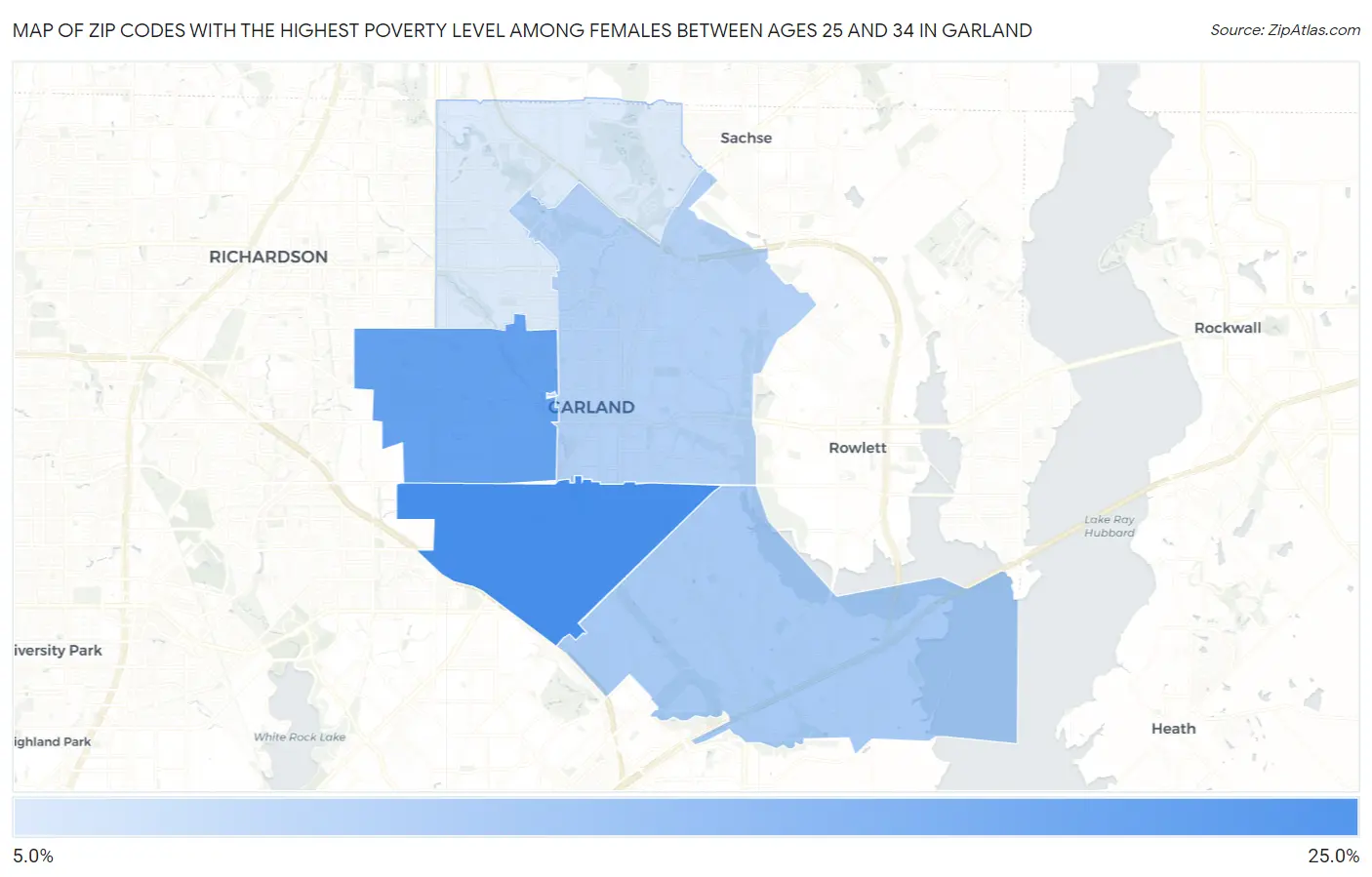 Zip Codes with the Highest Poverty Level Among Females Between Ages 25 and 34 in Garland Map