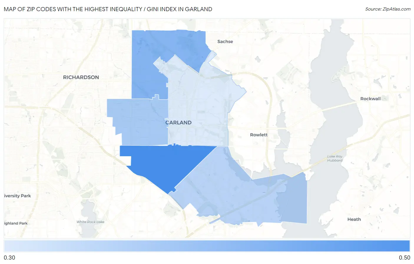 Zip Codes with the Highest Inequality / Gini Index in Garland Map
