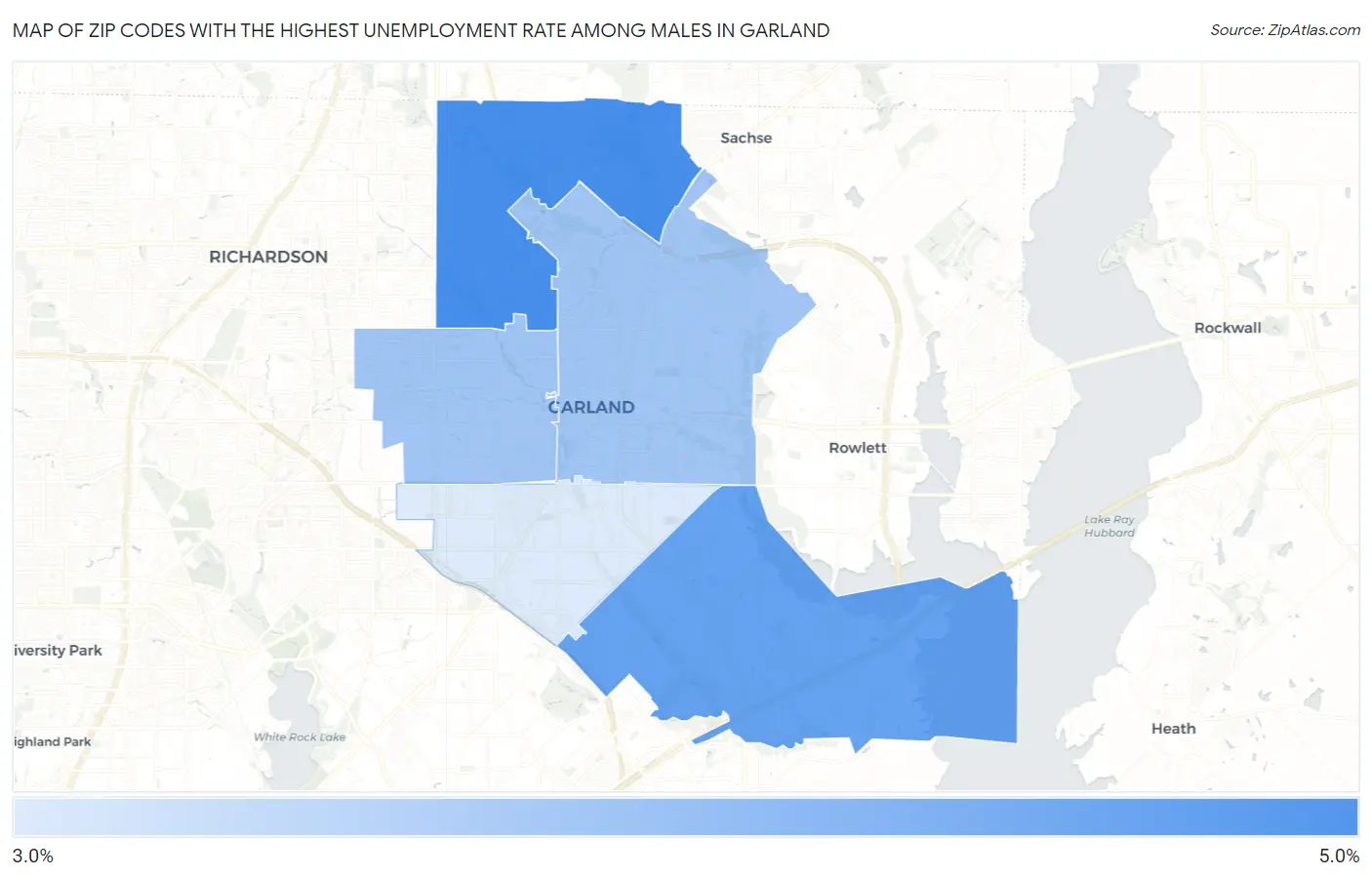 Zip Codes with the Highest Unemployment Rate Among Males in Garland Map
