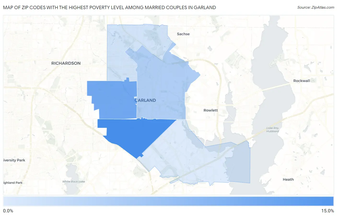 Zip Codes with the Highest Poverty Level Among Married Couples in Garland Map