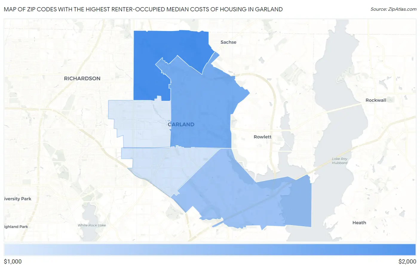 Zip Codes with the Highest Renter-Occupied Median Costs of Housing in Garland Map