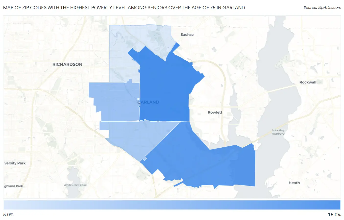 Zip Codes with the Highest Poverty Level Among Seniors Over the Age of 75 in Garland Map