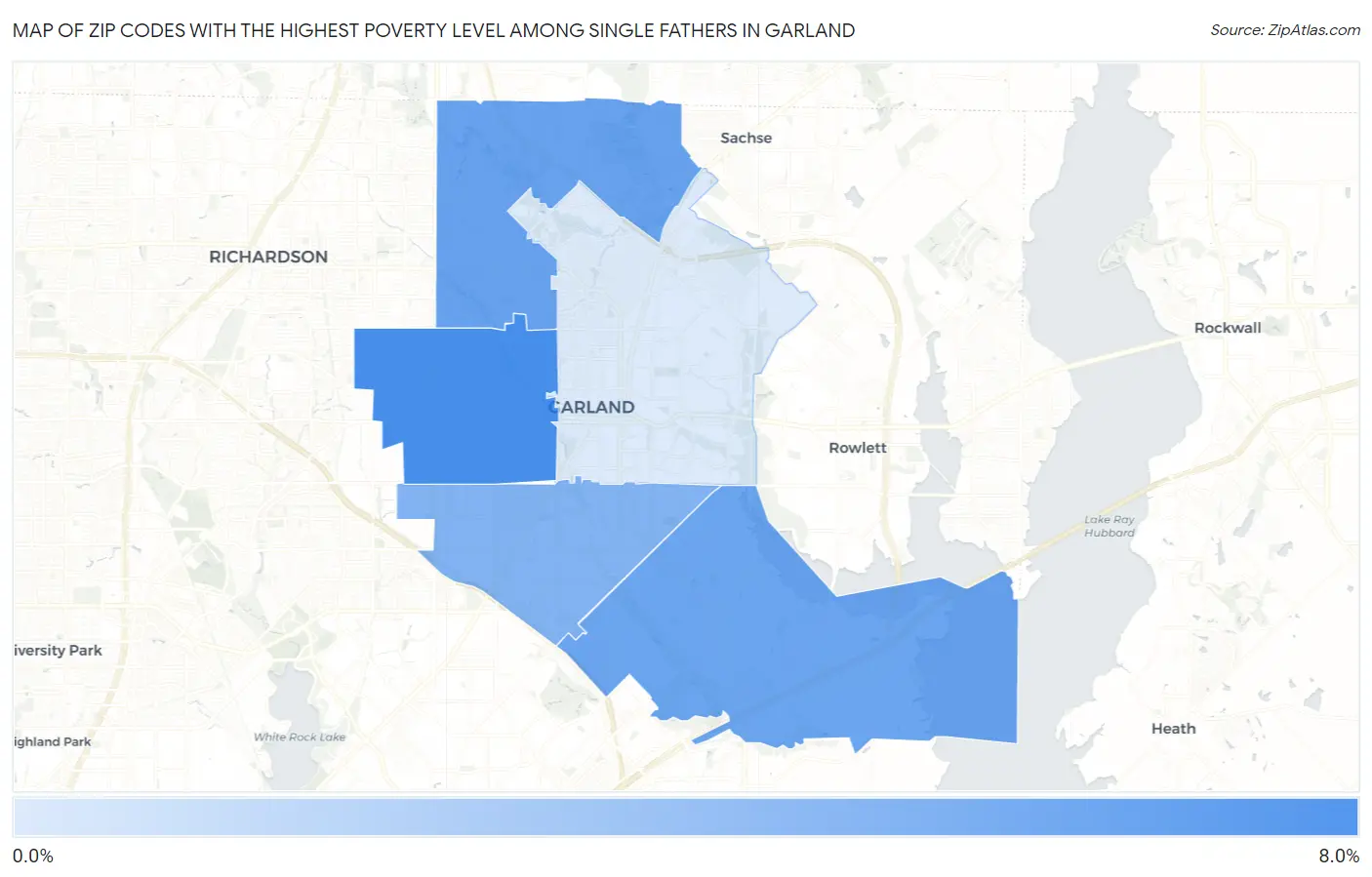 Zip Codes with the Highest Poverty Level Among Single Fathers in Garland Map