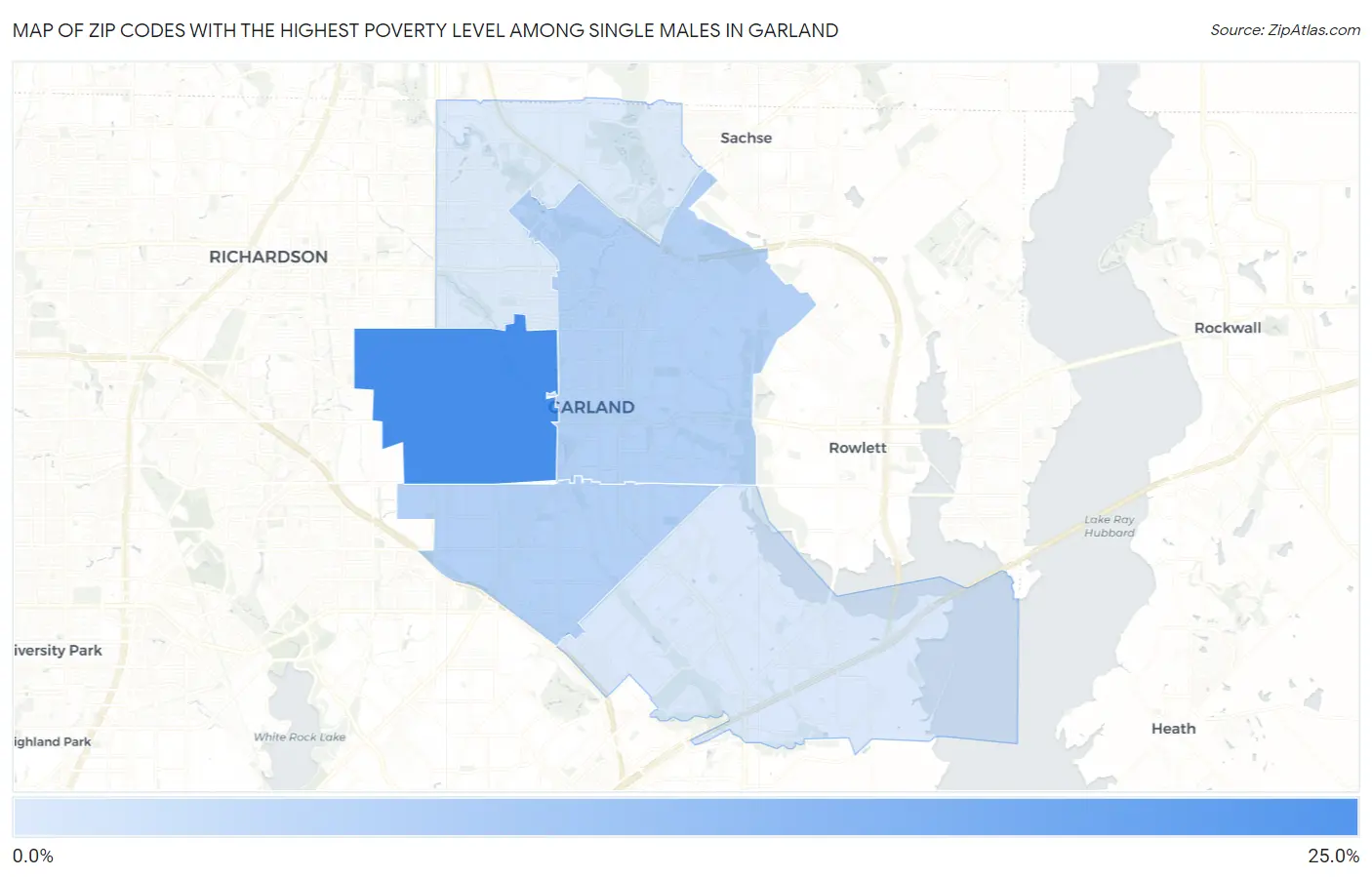 Zip Codes with the Highest Poverty Level Among Single Males in Garland Map