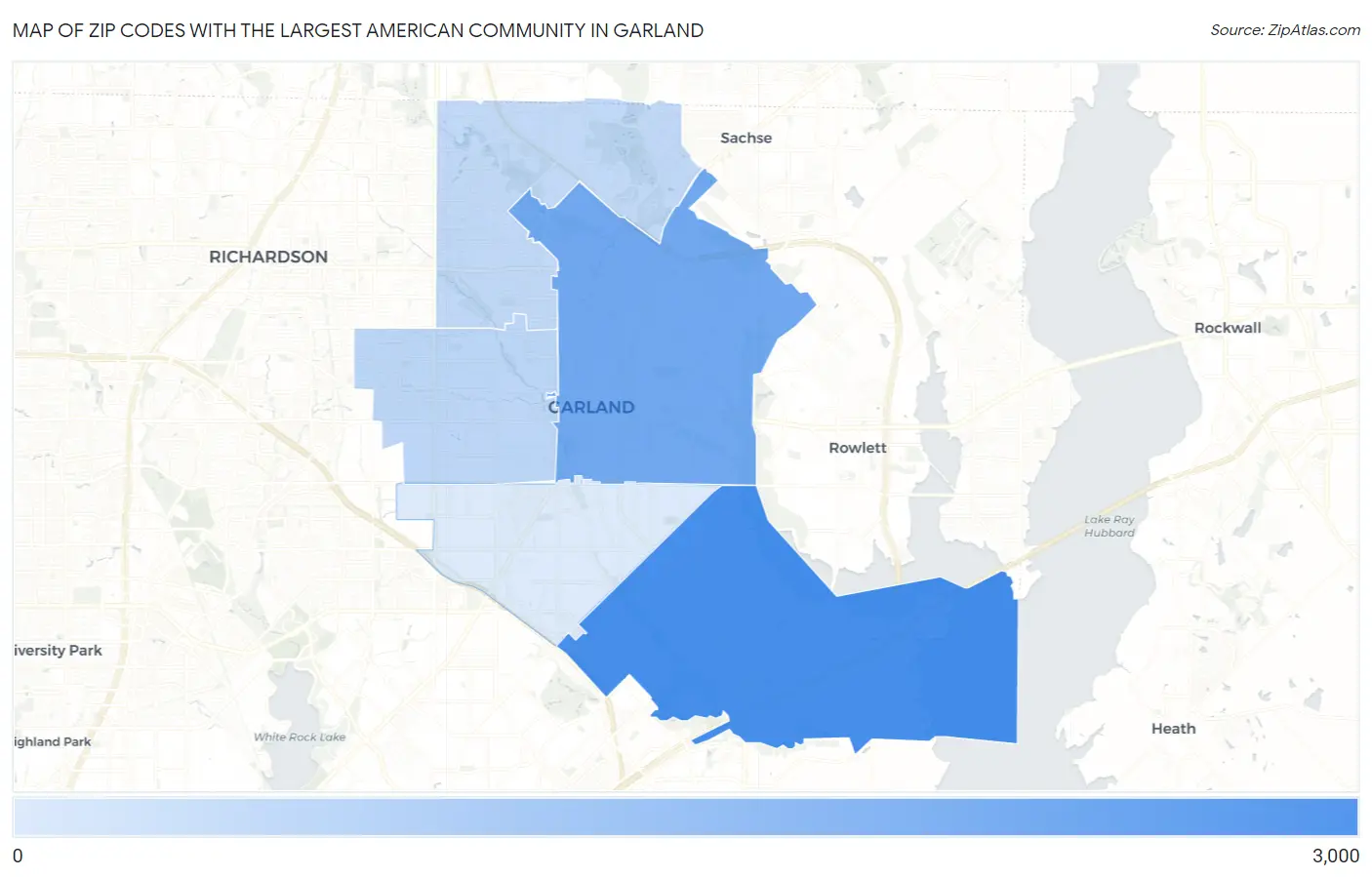 Zip Codes with the Largest American Community in Garland Map