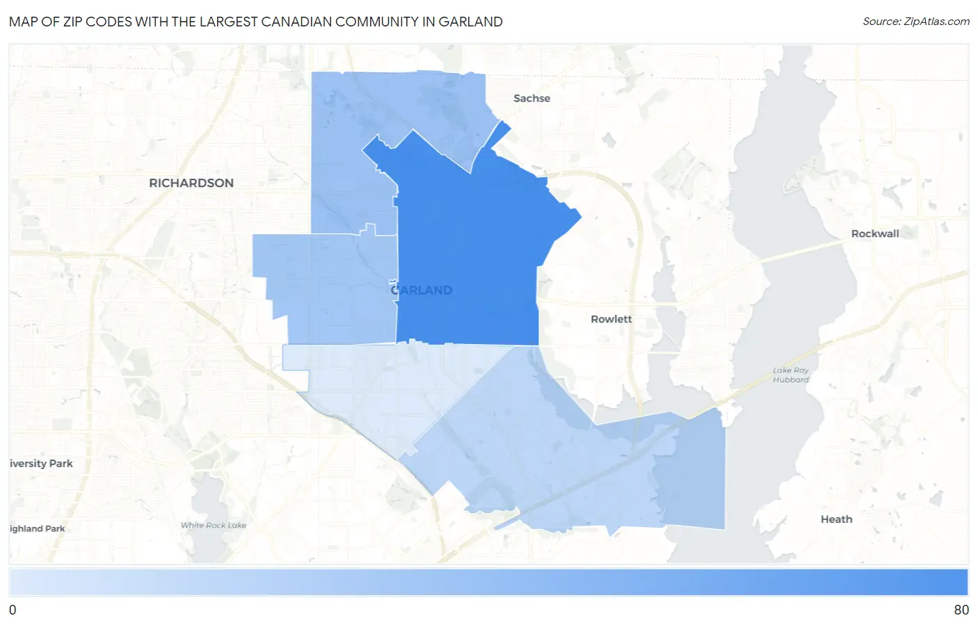 Zip Codes with the Largest Canadian Community in Garland Map