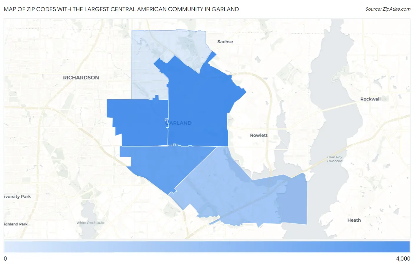 Zip Codes with the Largest Central American Community in Garland Map