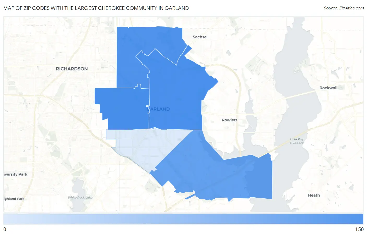 Zip Codes with the Largest Cherokee Community in Garland Map