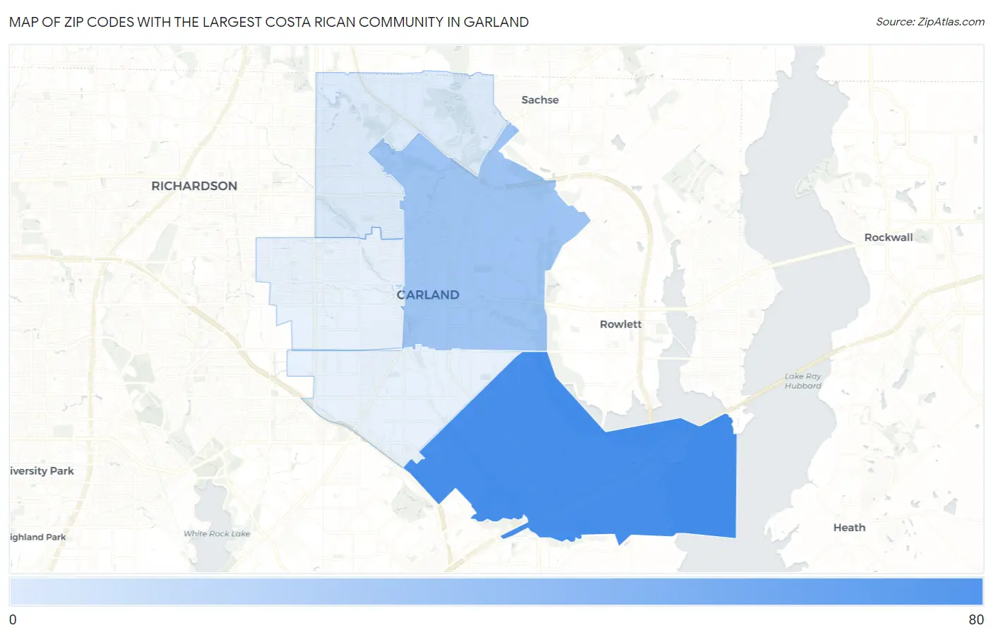 Zip Codes with the Largest Costa Rican Community in Garland Map
