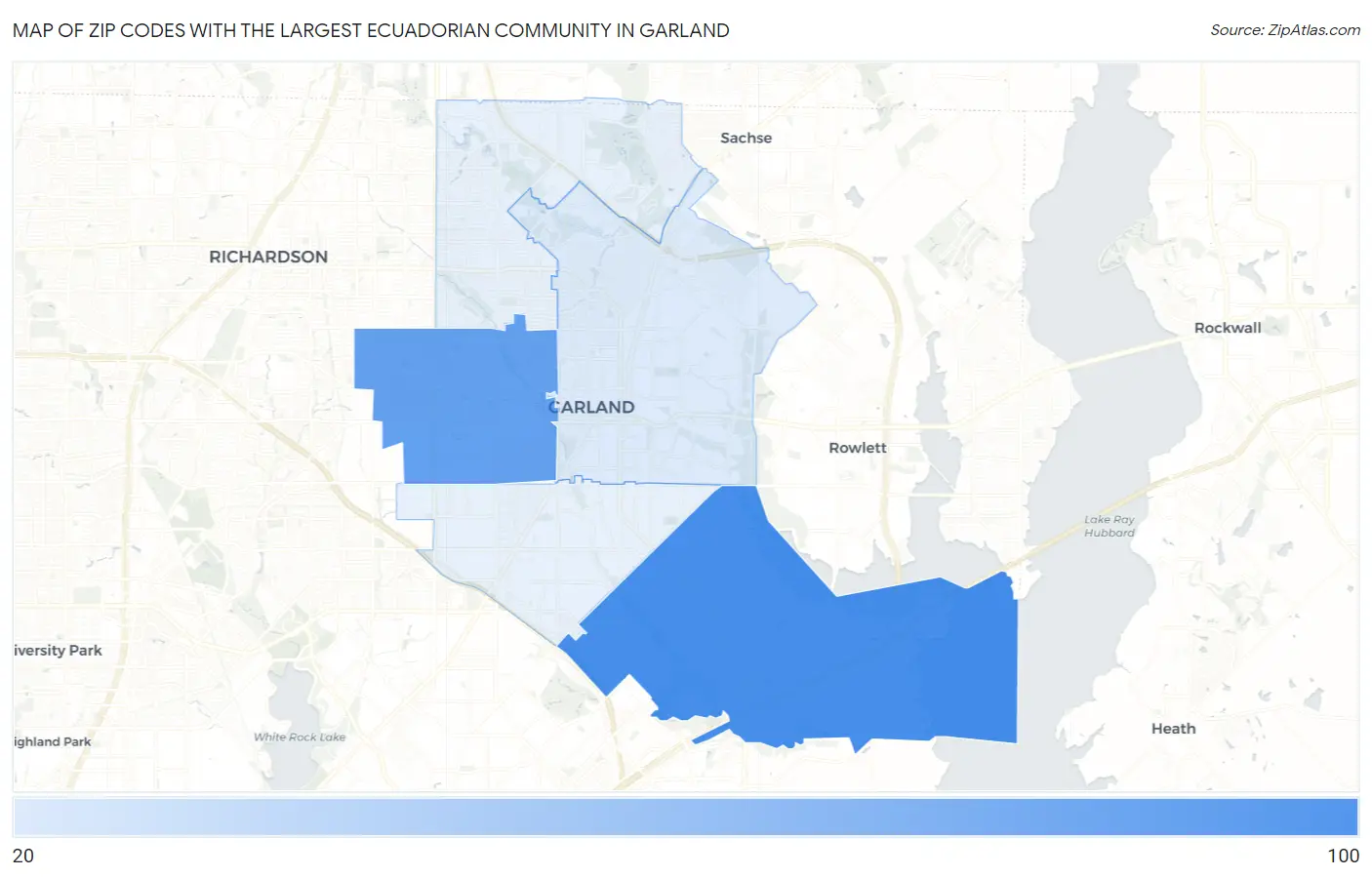 Zip Codes with the Largest Ecuadorian Community in Garland Map