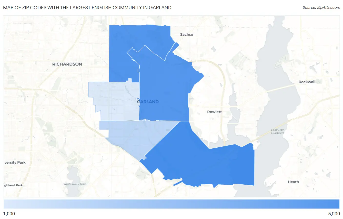 Zip Codes with the Largest English Community in Garland Map